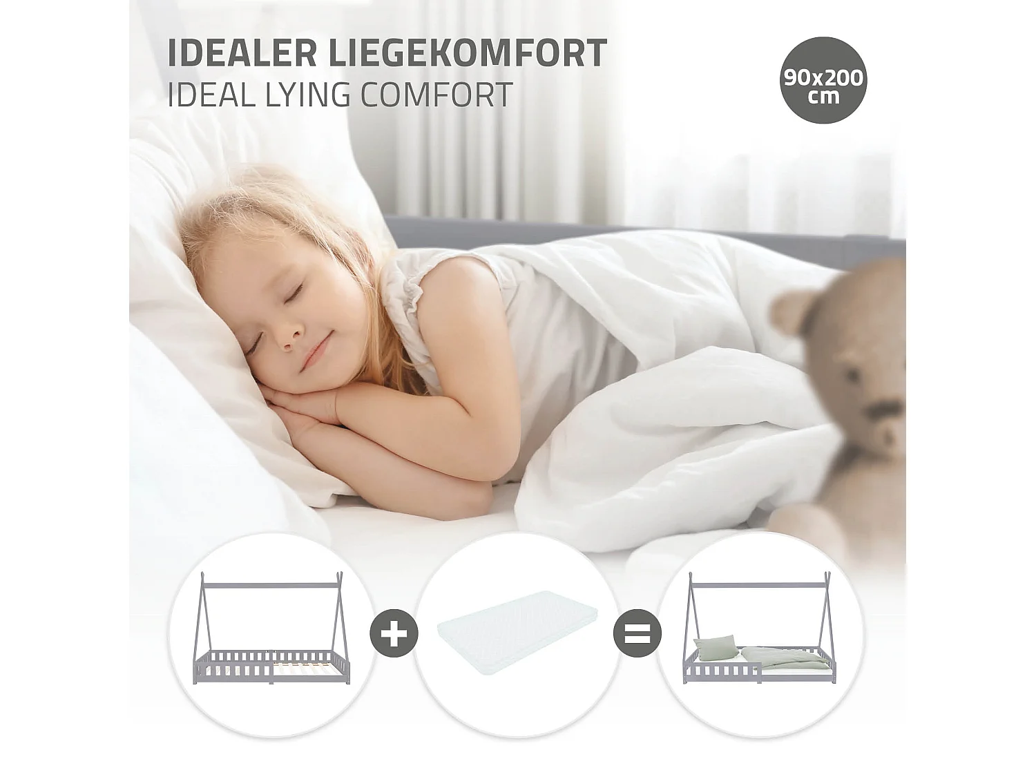 ML-Design Lettino tepee per bambini 90x 200 cm verde grigio con sponde, letto tenda indiana in legno di pino massiccio per cameretta bimbi