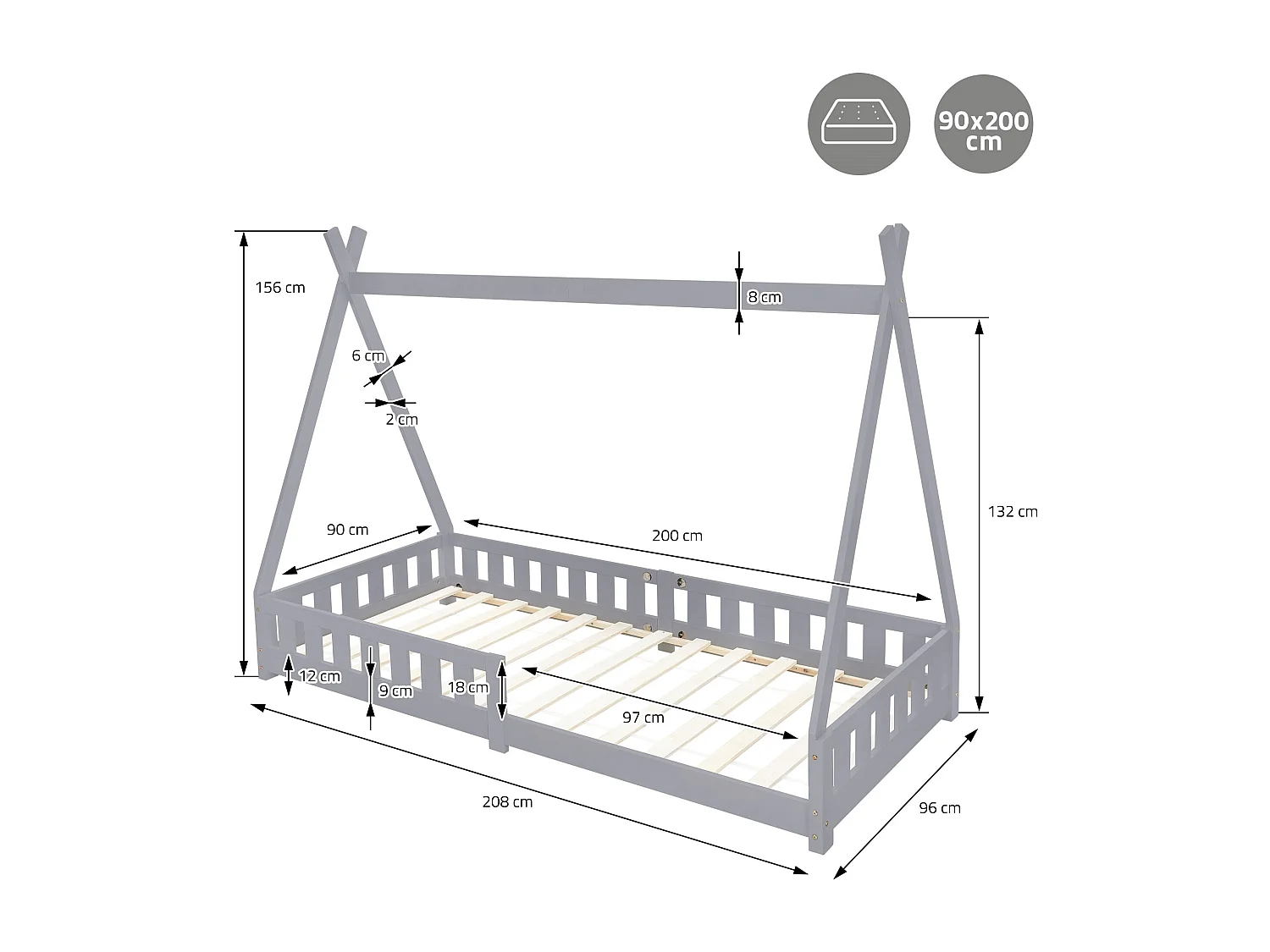 ML-Design Lettino tepee per bambini 90x 200 cm verde grigio con sponde, letto tenda indiana in legno di pino massiccio per cameretta bimbi