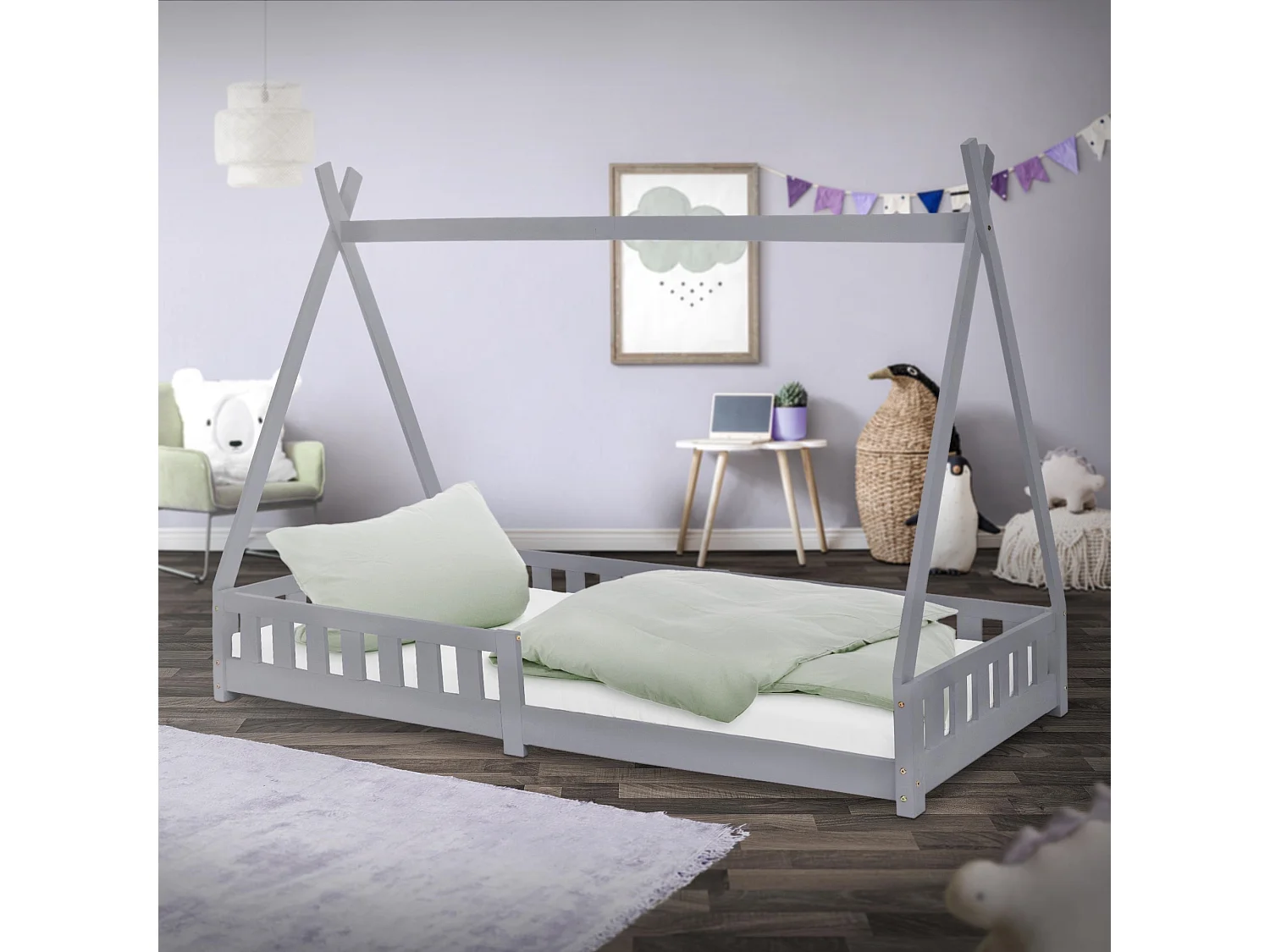 ML-Design Lettino tepee per bambini 90x 200 cm verde grigio con sponde, letto tenda indiana in legno di pino massiccio per cameretta bimbi