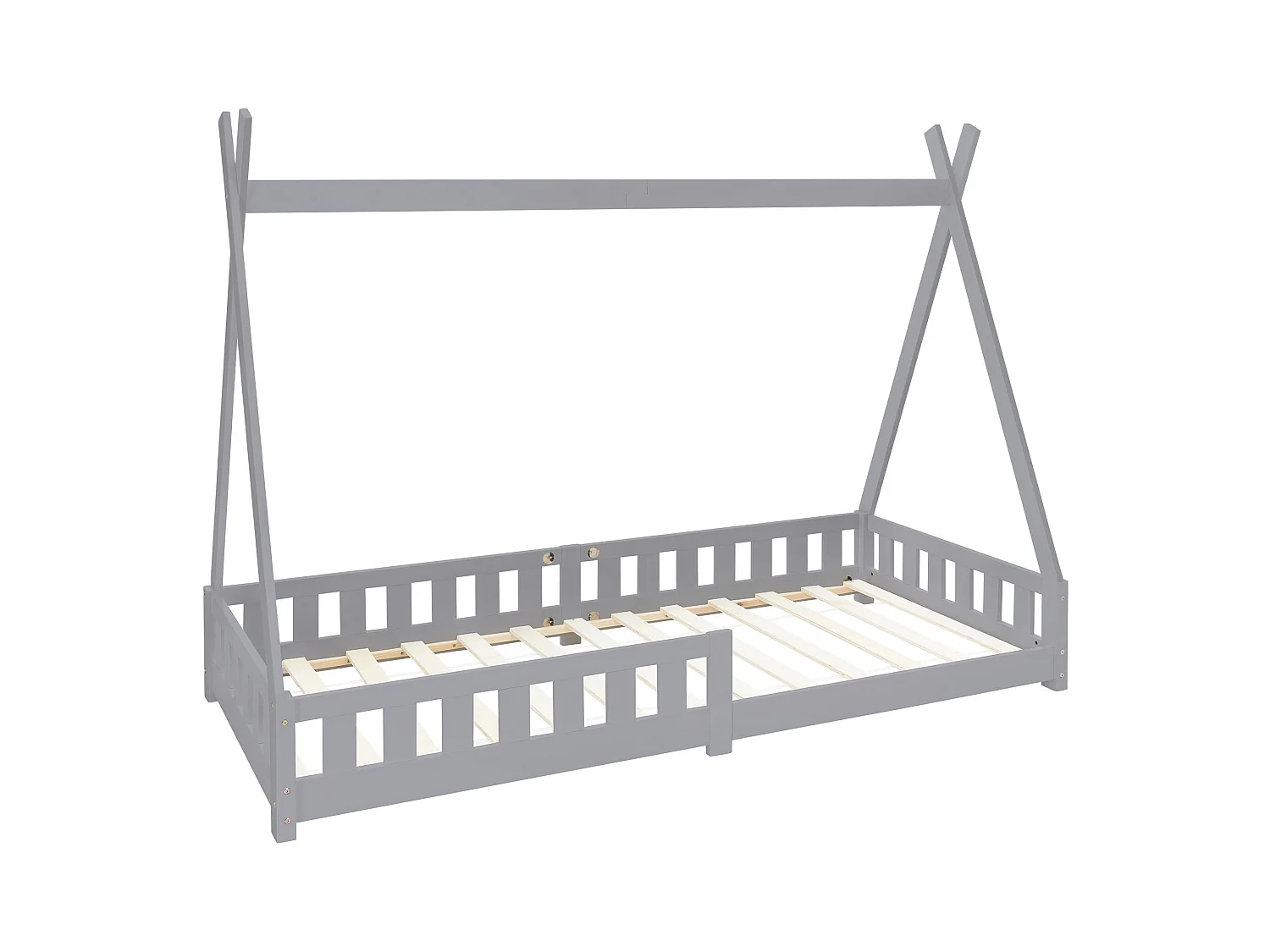 Lit d'enfants Tipi 90x200 cm gris clair style indien avec clôture et sommier à lattes antichutes en bois de pin tente de jeu pour filles/garçons