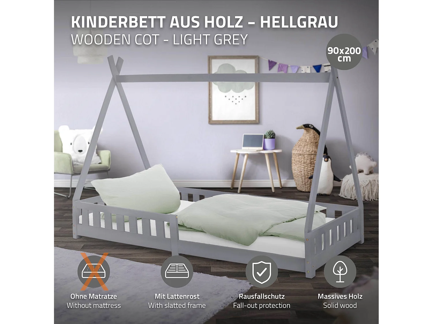 ML-Design Lettino tepee per bambini 90x 200 cm verde grigio con sponde, letto tenda indiana in legno di pino massiccio per cameretta bimbi