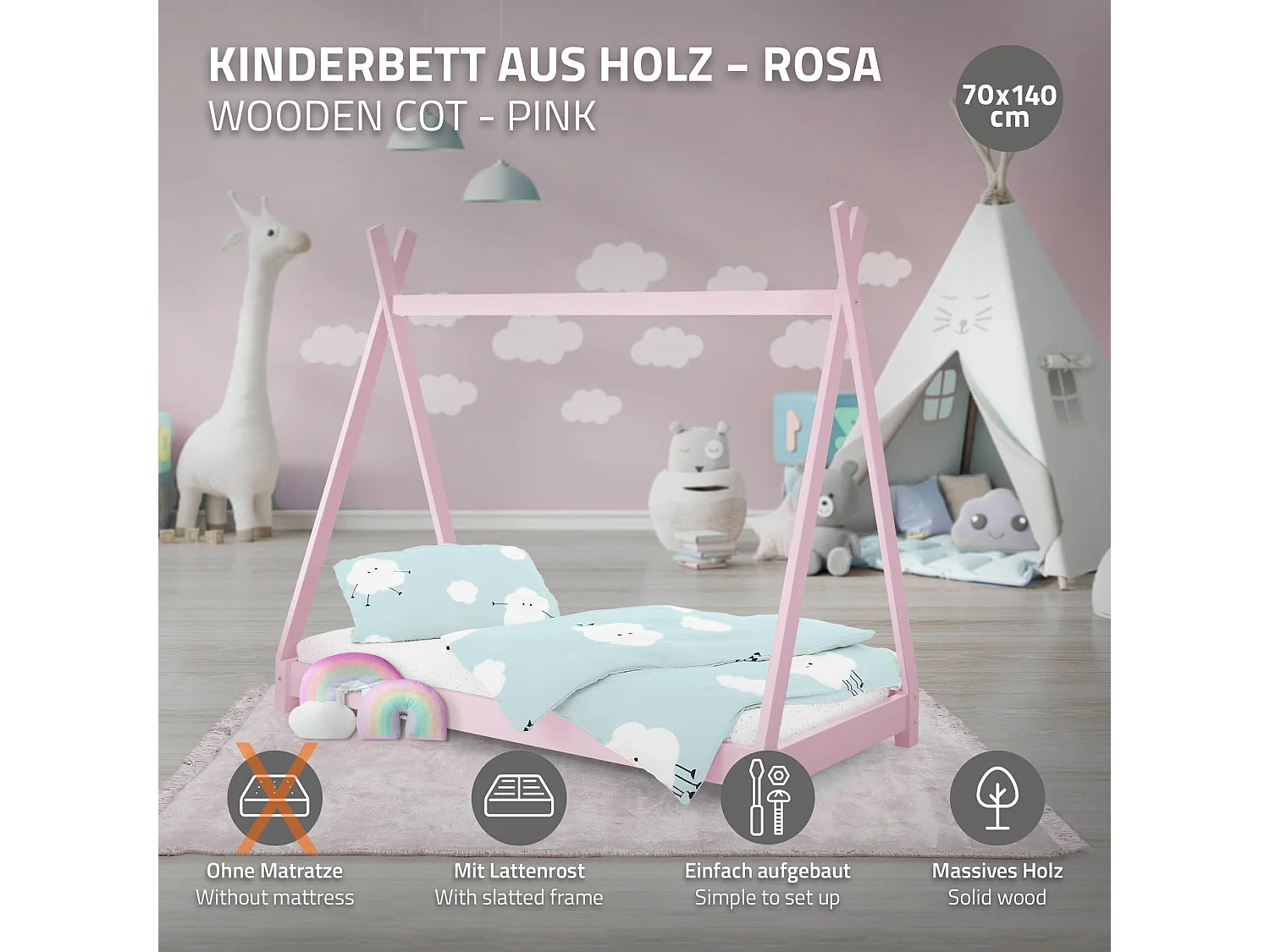ML-Design Cama infantil tipi 70x140cm color rosa con protección anticaída y somier mobiliario con estructura de listones madera de pino maciza