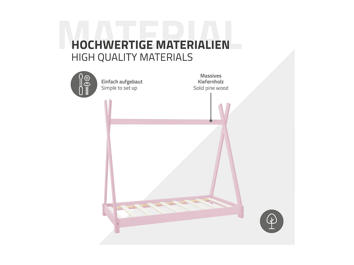 ML-Design Cama infantil tipi 70x140cm color rosa con protección anticaída y somier mobiliario con estructura de listones madera de pino maciza