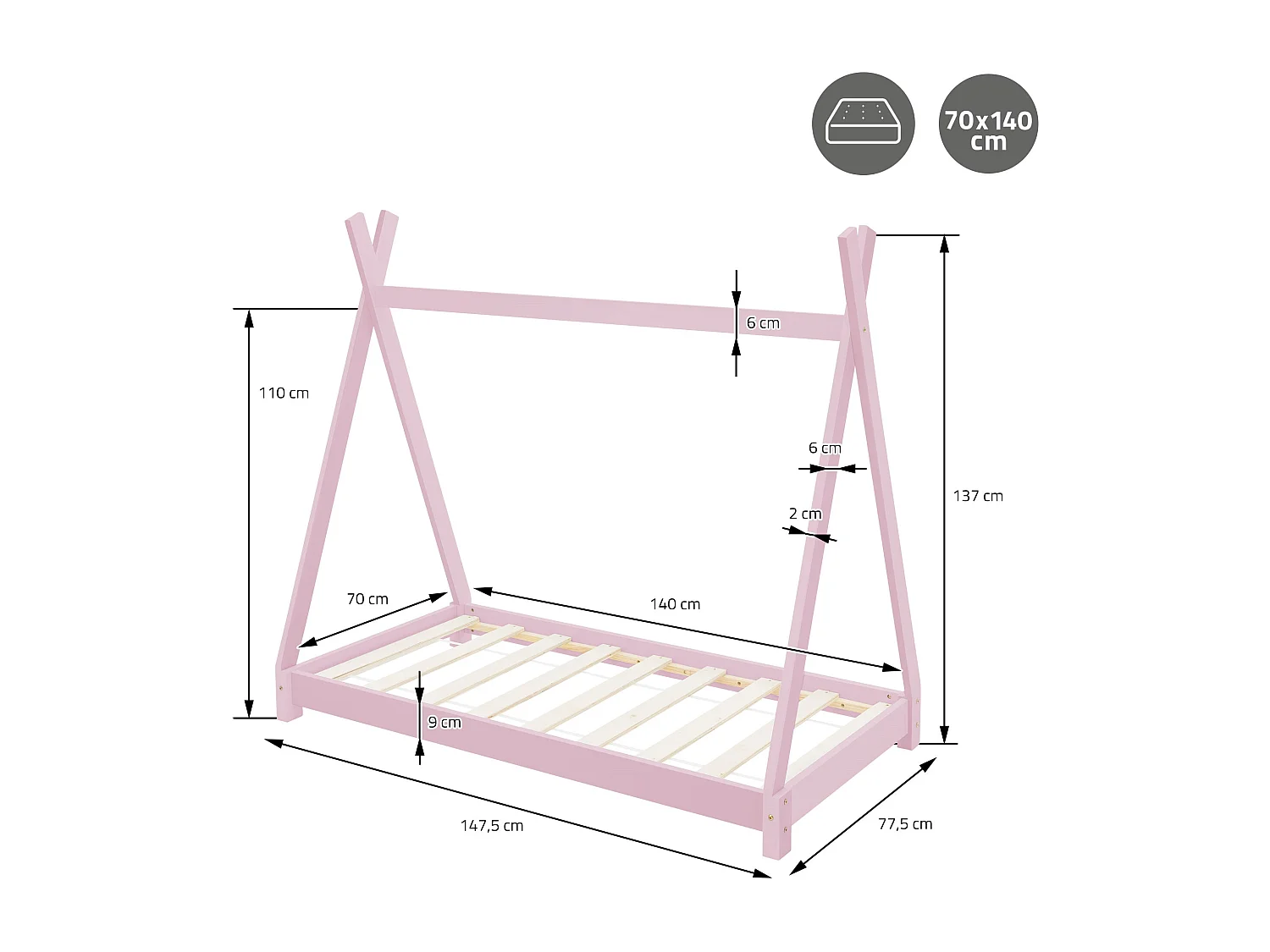 ML-Design Cama infantil tipi 70x140cm color rosa con protección anticaída y somier mobiliario con estructura de listones madera de pino maciza