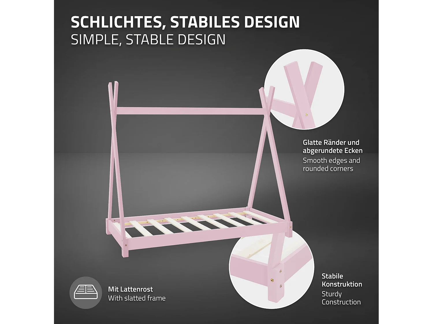 Lit d'enfants Tipi 70x140 cm rose avec sommier à lattes en bois de pin massif tente indien cadre de lit stable robuste lit simple de jeu d`adolescents