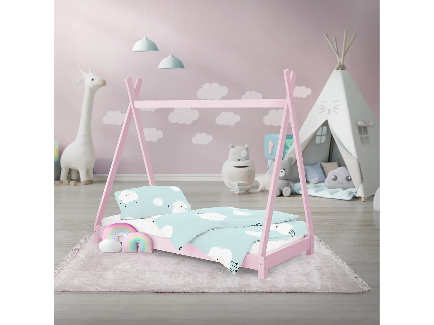 Lit d'enfants Tipi 70x140 cm rose avec sommier à lattes en bois de pin massif tente indien cadre de lit stable robuste lit simple de jeu d`adolescents