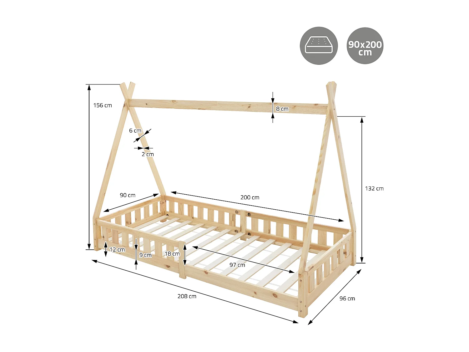 Lit d'enfants Tipi 90x200 cm naturel style indien cadre en bois de pin massif avec matelas H:10 cm hypoallergénique housse amovible et sommier à latte