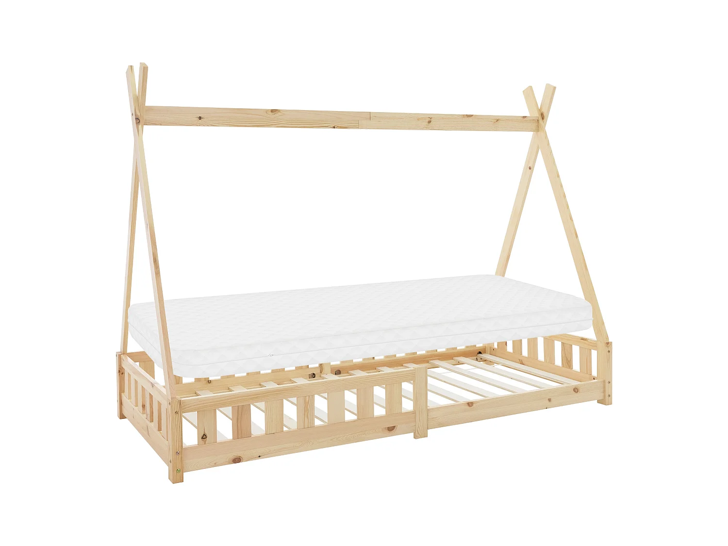 Lit d'enfants Tipi 90x200 cm naturel style indien cadre en bois de pin massif avec matelas H:10 cm hypoallergénique housse amovible et sommier à latte