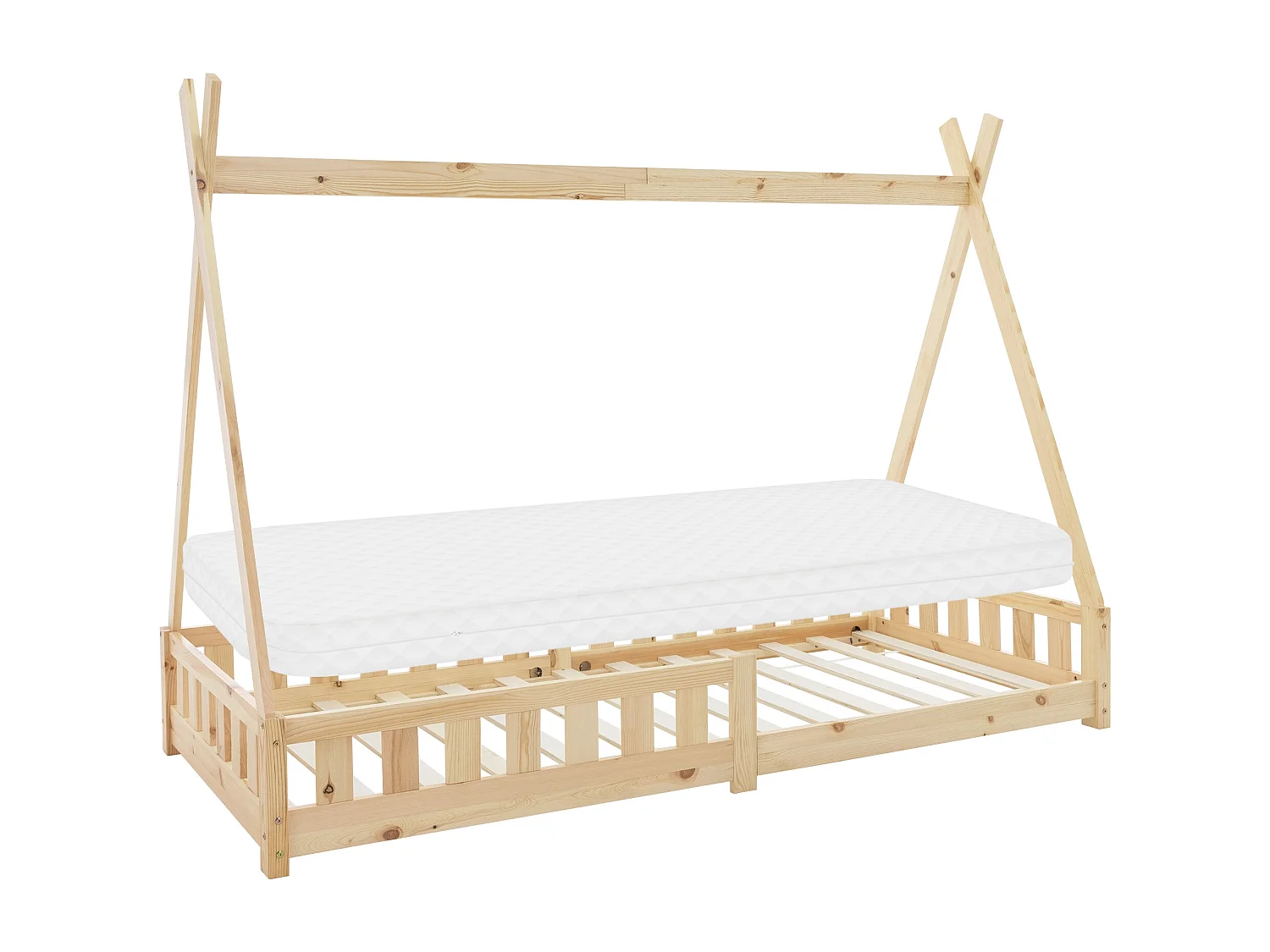 ML-Design Cama infantil tipi 90x200 cm color natural con colchón, protección anticaída y somier mobiliario con estructura de listones madera pino maci