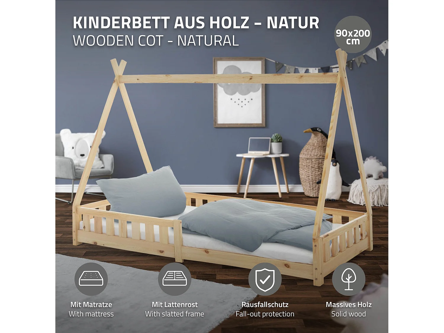 ML-Design Cama infantil tipi 90x200 cm color natural con colchón, protección anticaída y somier mobiliario con estructura de listones madera pino maci