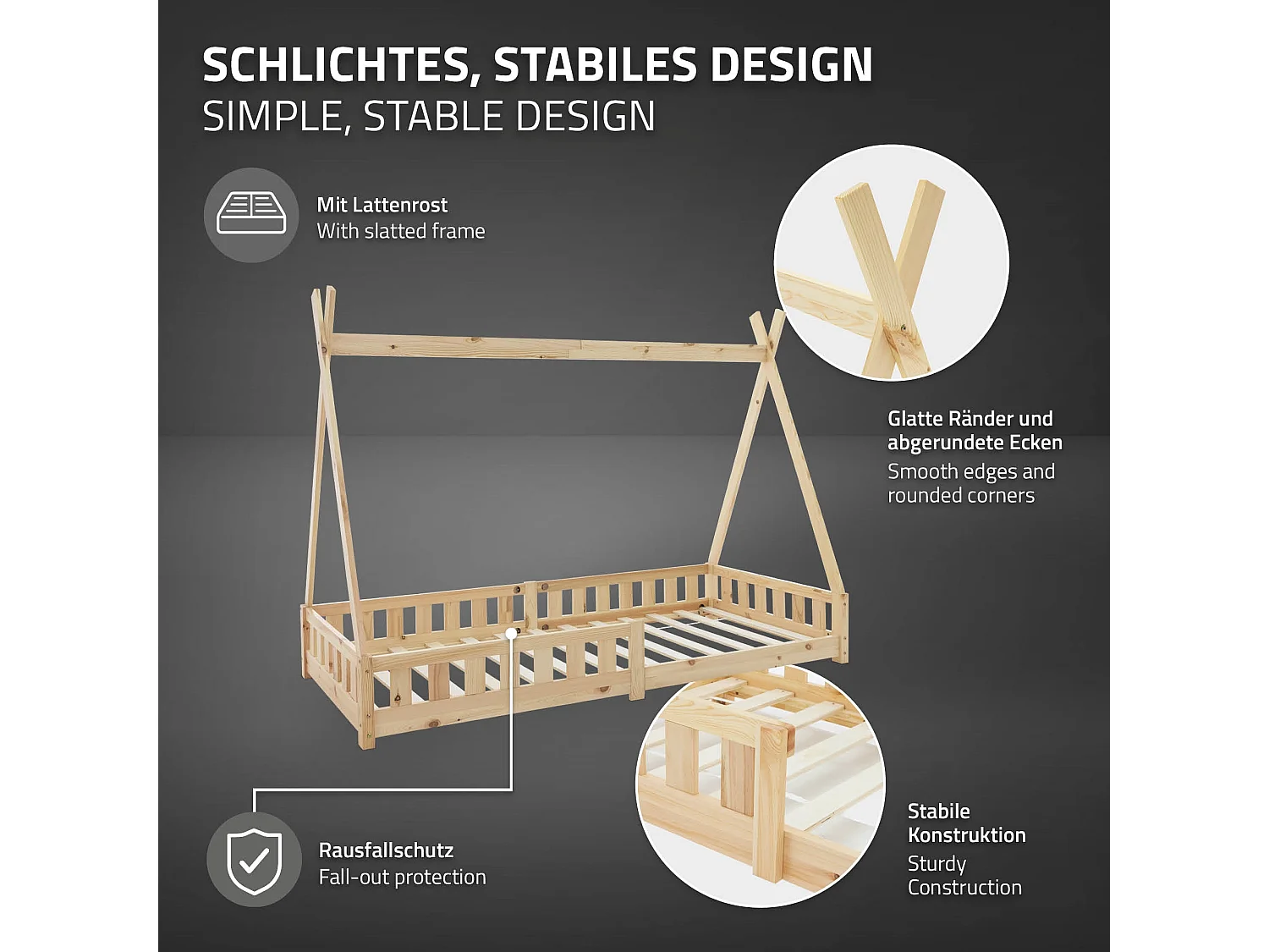 ML-Design Cama infantil tipi 90x200 cm color natural con colchón, protección anticaída y somier mobiliario con estructura de listones madera pino maci