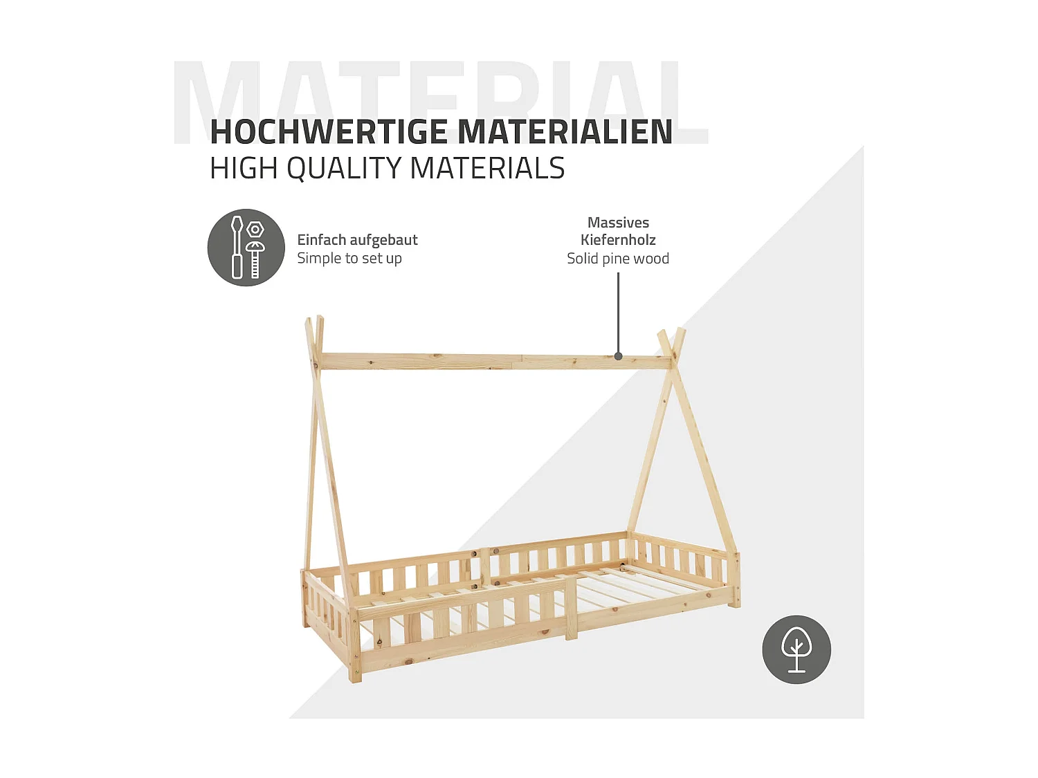 ML-Design Cama infantil tipi 90x200 cm color natural con colchón, protección anticaída y somier mobiliario con estructura de listones madera pino maci