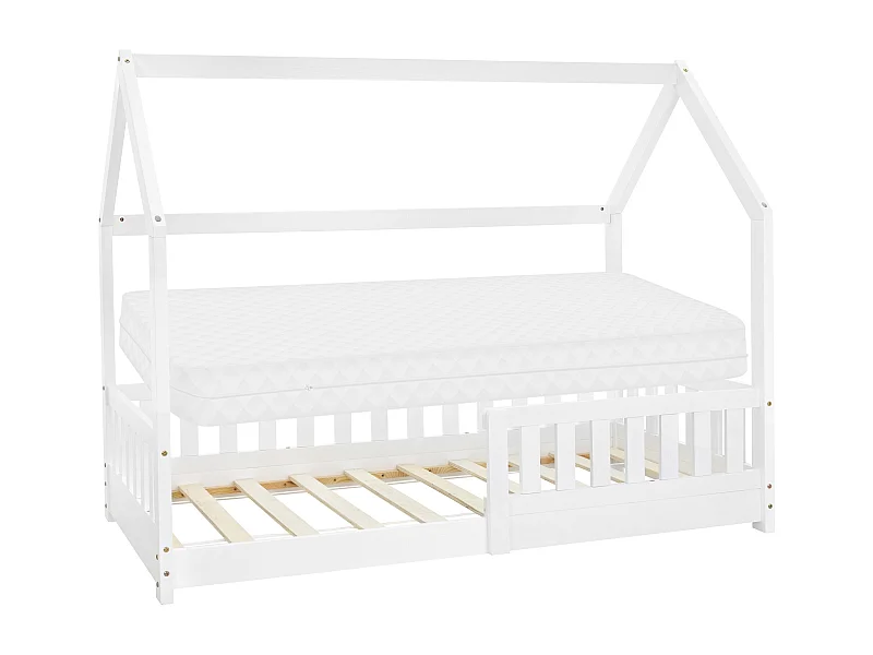 ML-Design Letto per bambini a forma di casa 80x160 cm bianco in pino massiccio con rete a doghe, sponde anticaduta e materasso stile montessori