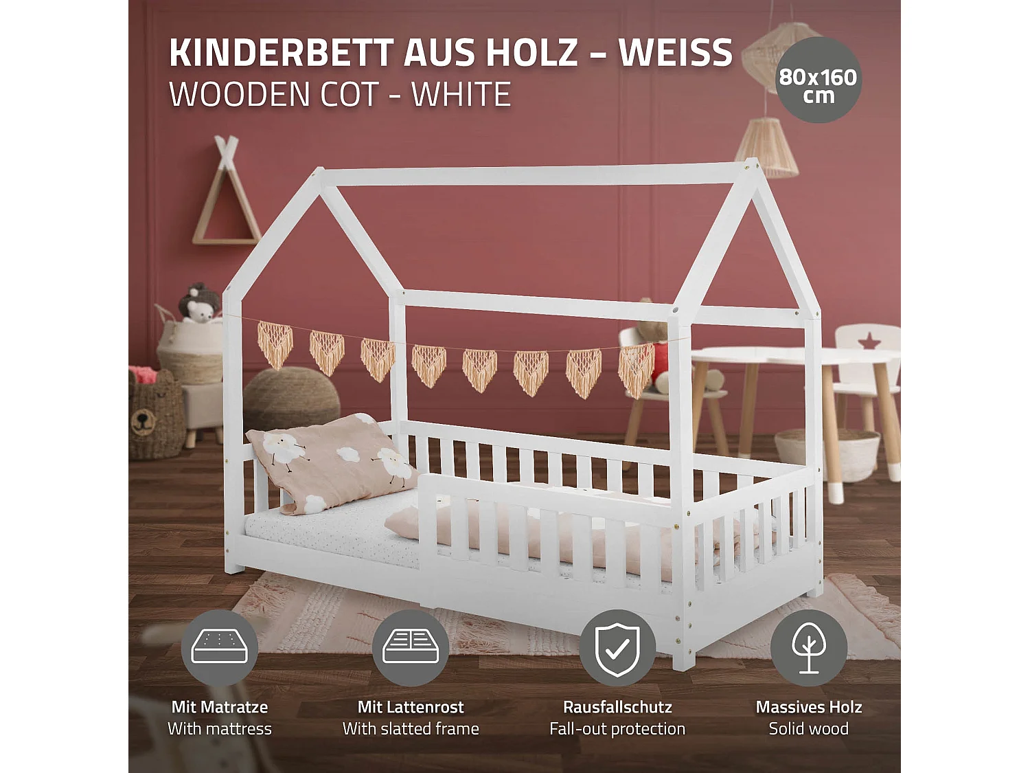 Lit d'enfants 80x160 cm blanc forme de maison en bois de pin massif avec matelas housse amovible sommier à lattes anti-chute pour filles garçons