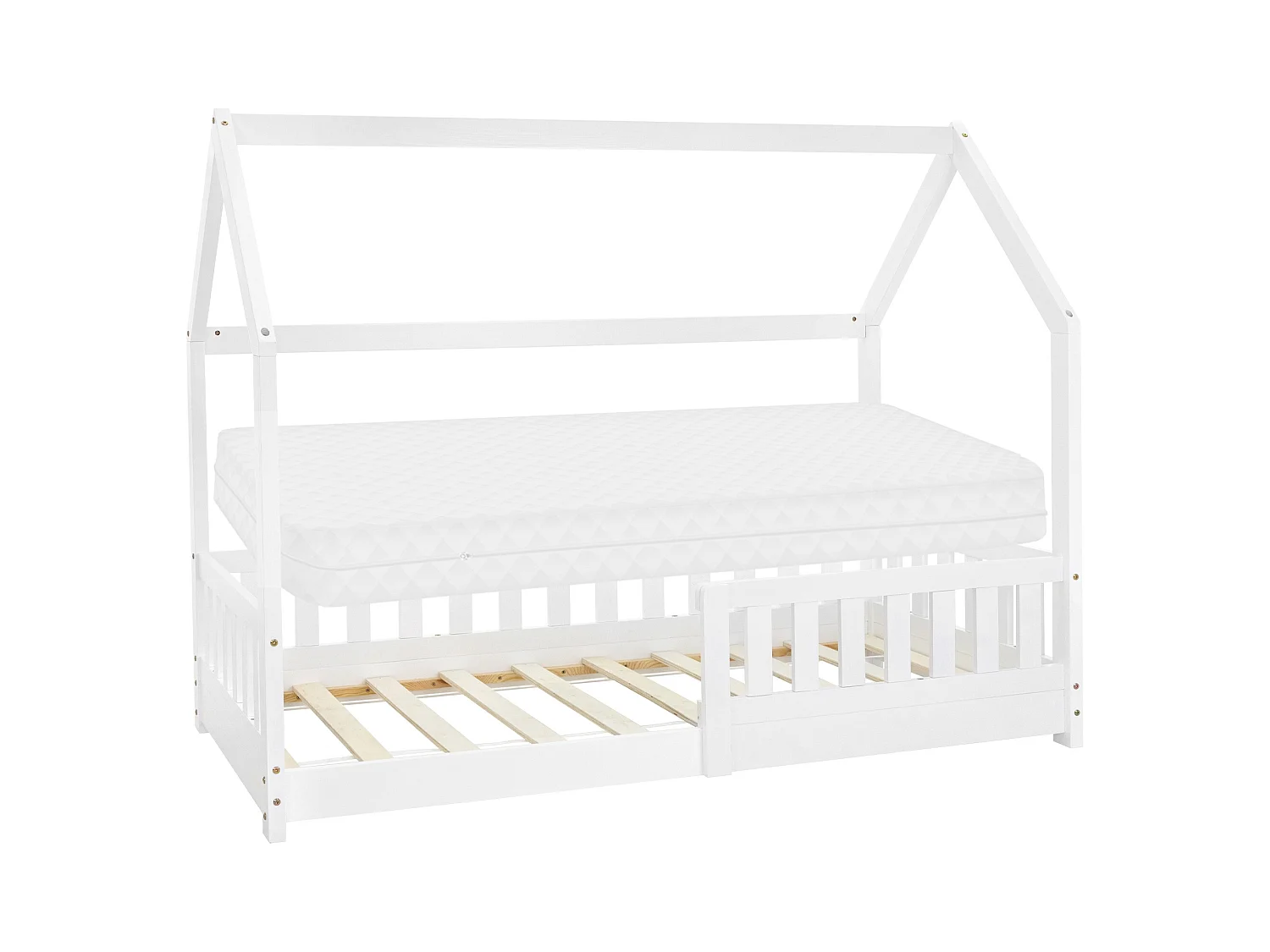 ML-Design Letto per bambini a forma di casa 80x160 cm bianco in pino massiccio con rete a doghe, sponde anticaduta e materasso stile montessori