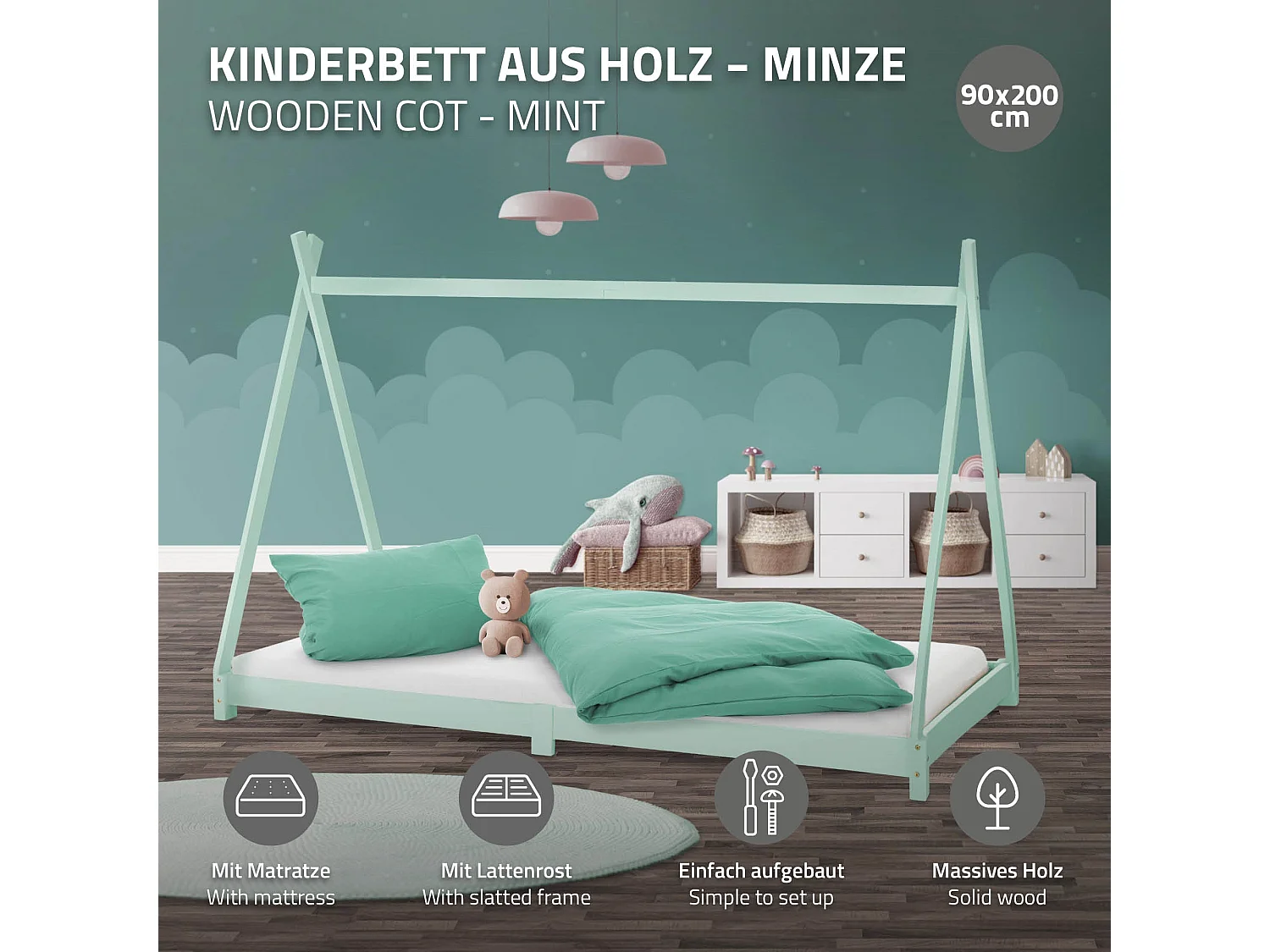 ML-Design Cama infantil tipi 90x200cm menta con colchón, protección anticaída y somier mobiliario con estructura de listones madera pino maciza