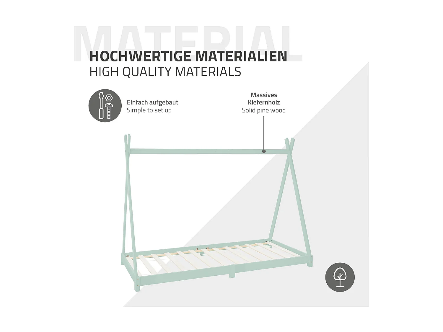 ML-Design Cama infantil tipi 90x200cm menta con colchón, protección anticaída y somier mobiliario con estructura de listones madera pino maciza