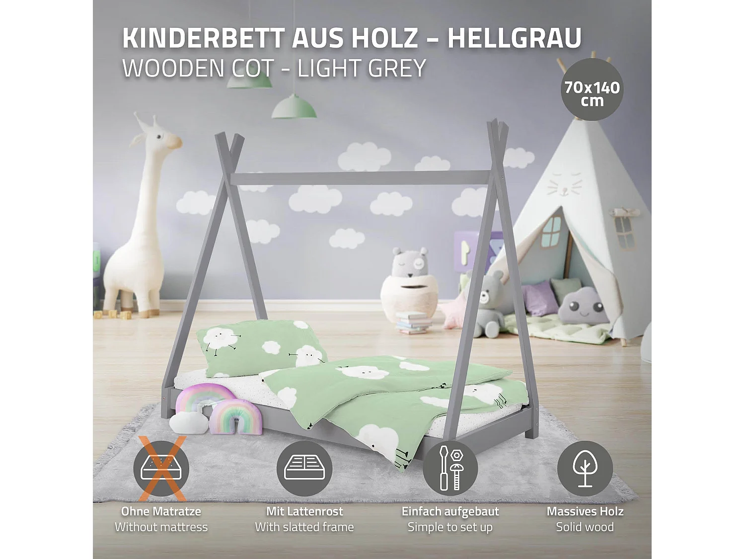 ML-Design Cama infantil tipi 70x140cm color gris claro con protección anticaída y somier mobiliario con estructura de listones madera de pino maciza