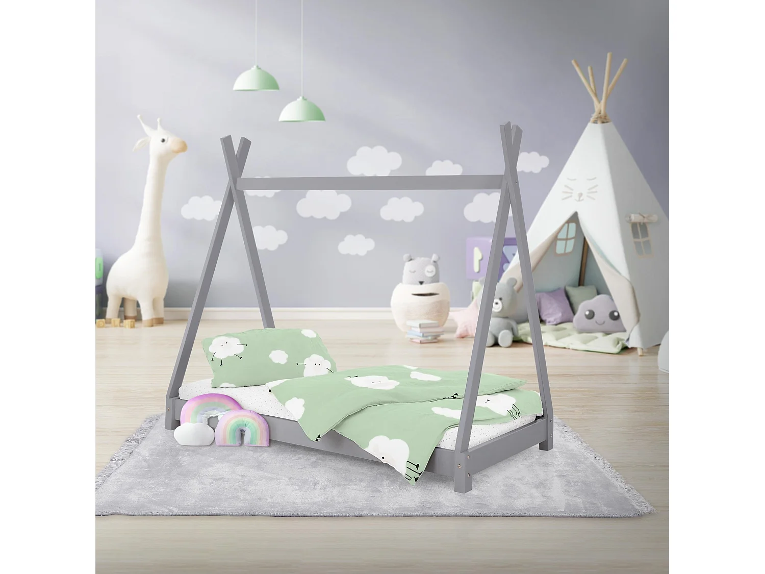 ML-Design Cama infantil tipi 70x140cm color gris claro con protección anticaída y somier mobiliario con estructura de listones madera de pino maciza