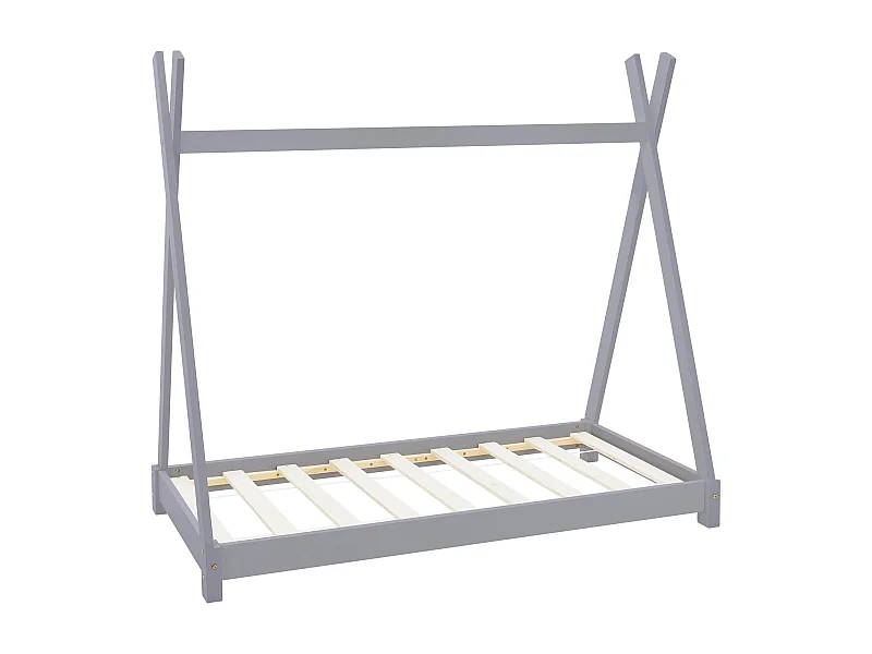 Lit d'enfants Tipi 70x140 cm gris clair avec sommier à lattes en bois de pin massif tente indien cadre stable robuste lit simple de jeu d`adolescents