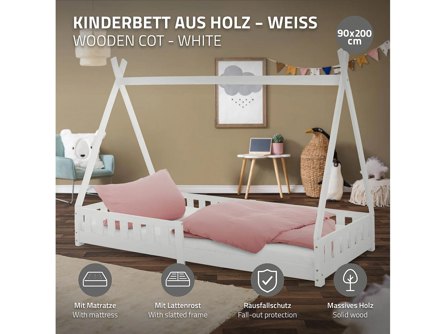 Lit d'enfants Tipi 90x200 cm blanc style indien cadre en bois de pin massif avec matelas H:10 cm hypoallergénique housse amovible et sommier à lattes