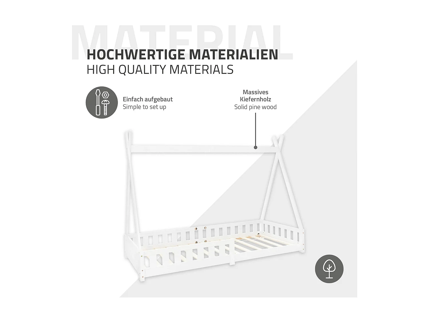 Lit d'enfants Tipi 90x200 cm blanc style indien cadre en bois de pin massif avec matelas H:10 cm hypoallergénique housse amovible et sommier à lattes