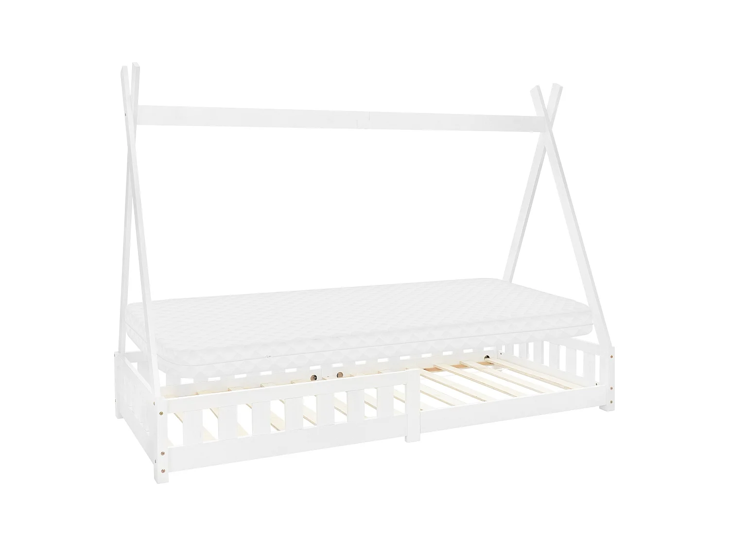 Lit d'enfants Tipi 90x200 cm blanc style indien cadre en bois de pin massif avec matelas H:10 cm hypoallergénique housse amovible et sommier à lattes
