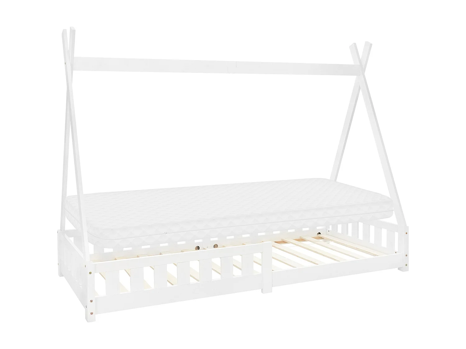 ML-Design Letto per bambini tenda tipi 90x200 cm bianco in pino massiccio con materasso in schiuma fredda, protezione anticaduta, forma di casetta