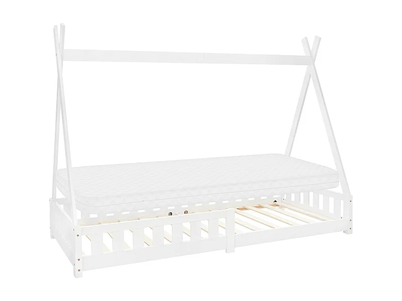 Lit d'enfants Tipi 90x200 cm blanc style indien cadre en bois de pin massif avec matelas H:10 cm hypoallergénique housse amovible et sommier à lattes