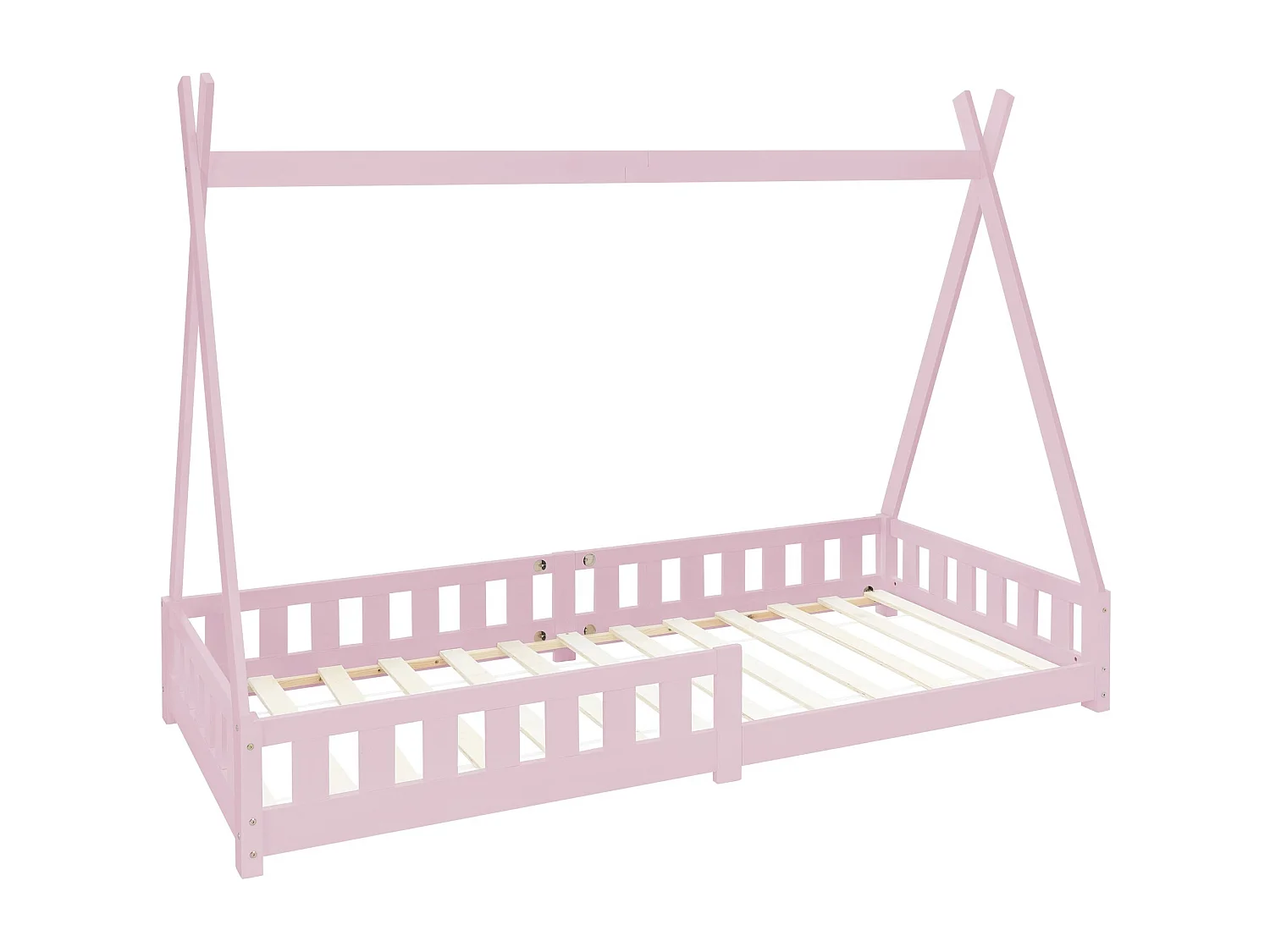 Lit d'enfants Tipi 90x200 cm rose style indien avec clôture et sommier à lattes protection antichutes en bois de pin tente de jeu pour filles/garçons