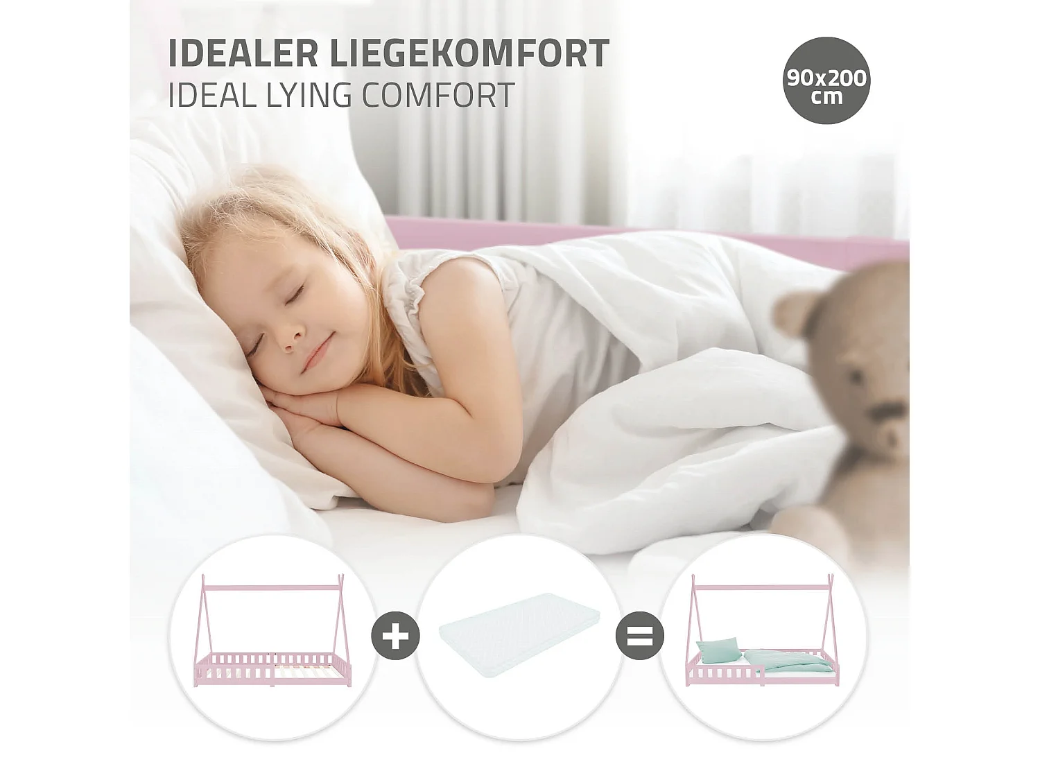 Lit d'enfants Tipi 90x200 cm rose style indien avec clôture et sommier à lattes protection antichutes en bois de pin tente de jeu pour filles/garçons