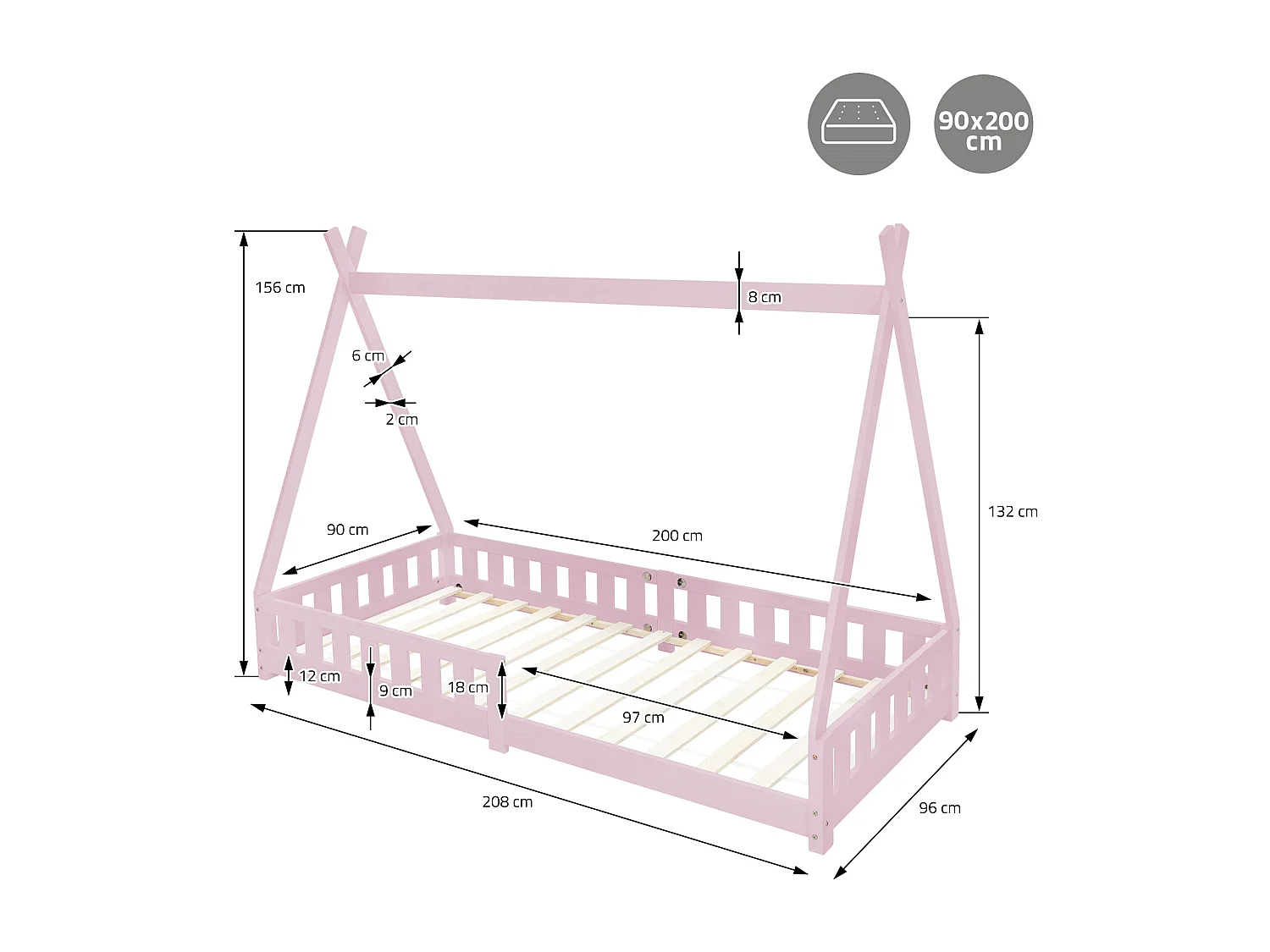 Lit d'enfants Tipi 90x200 cm rose style indien avec clôture et sommier à lattes protection antichutes en bois de pin tente de jeu pour filles/garçons