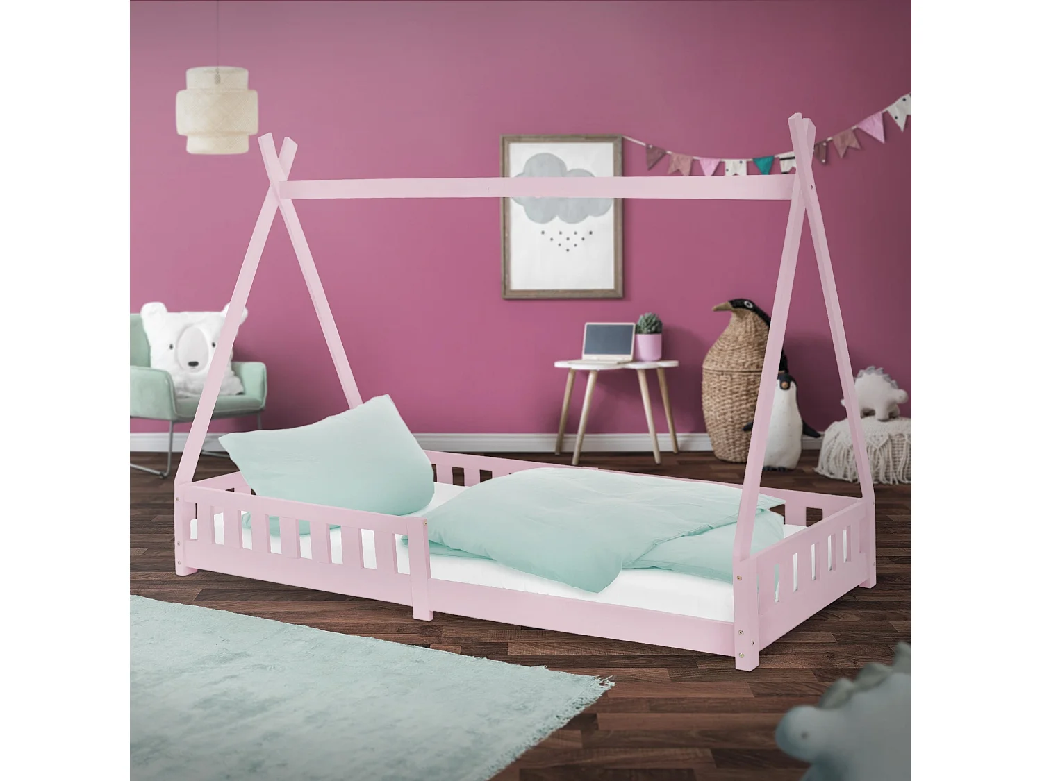 Lit d'enfants Tipi 90x200 cm rose style indien avec clôture et sommier à lattes protection antichutes en bois de pin tente de jeu pour filles/garçons