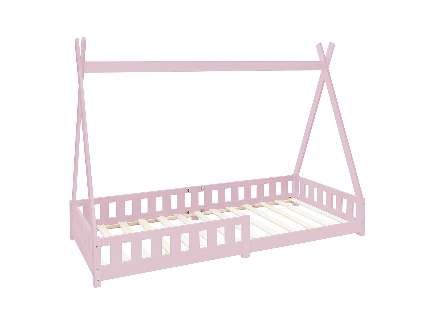Lit d'enfants Tipi 90x200 cm rose style indien avec clôture et sommier à lattes protection antichutes en bois de pin tente de jeu pour filles/garçons