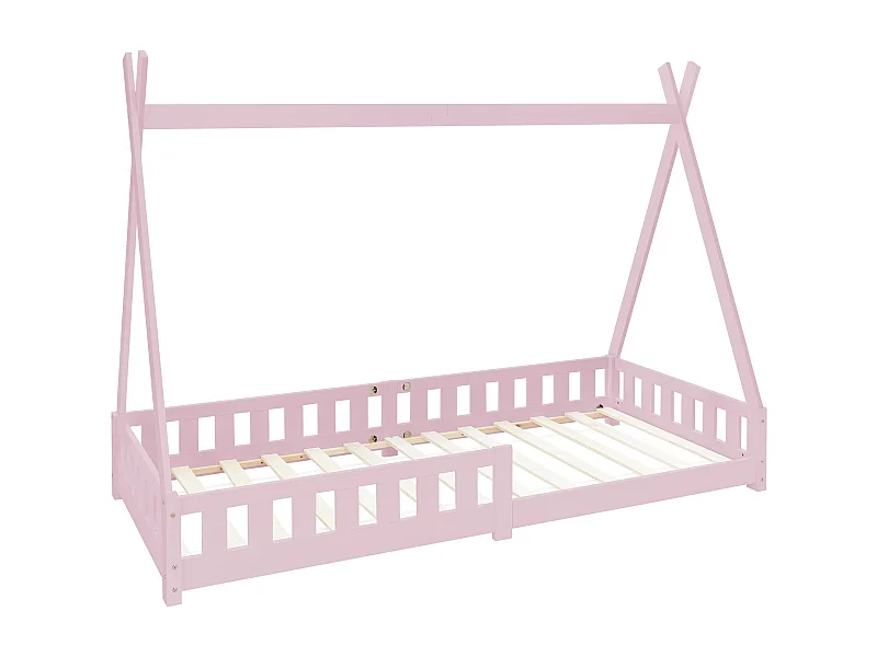 Lit d'enfants Tipi 90x200 cm rose style indien avec clôture et sommier à lattes protection antichutes en bois de pin tente de jeu pour filles/garçons