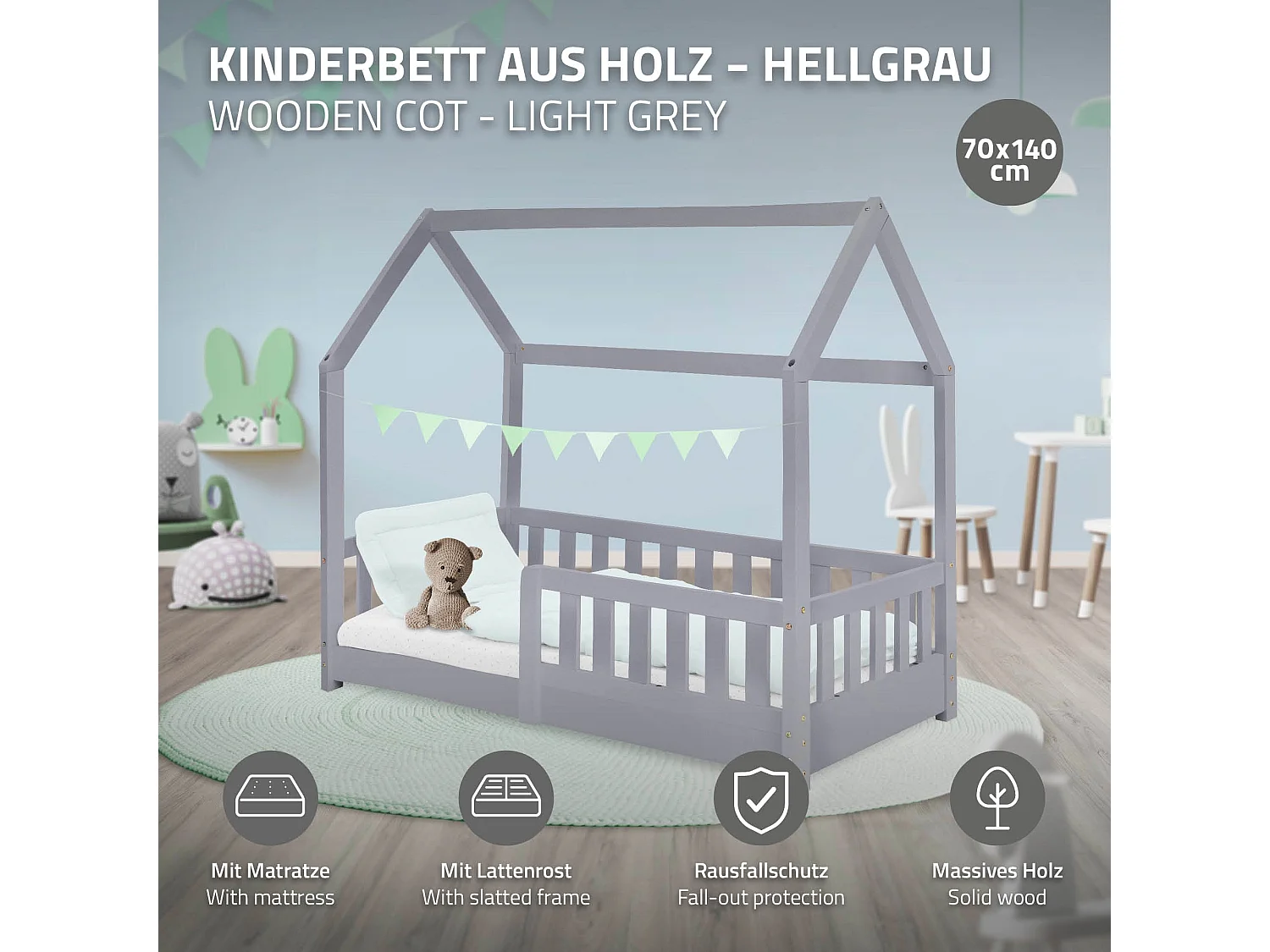 ML-Design Cama infantil 70 x 140 cm color gris con colchón de espuma fría y somier estructura de listones con techo forma de casa