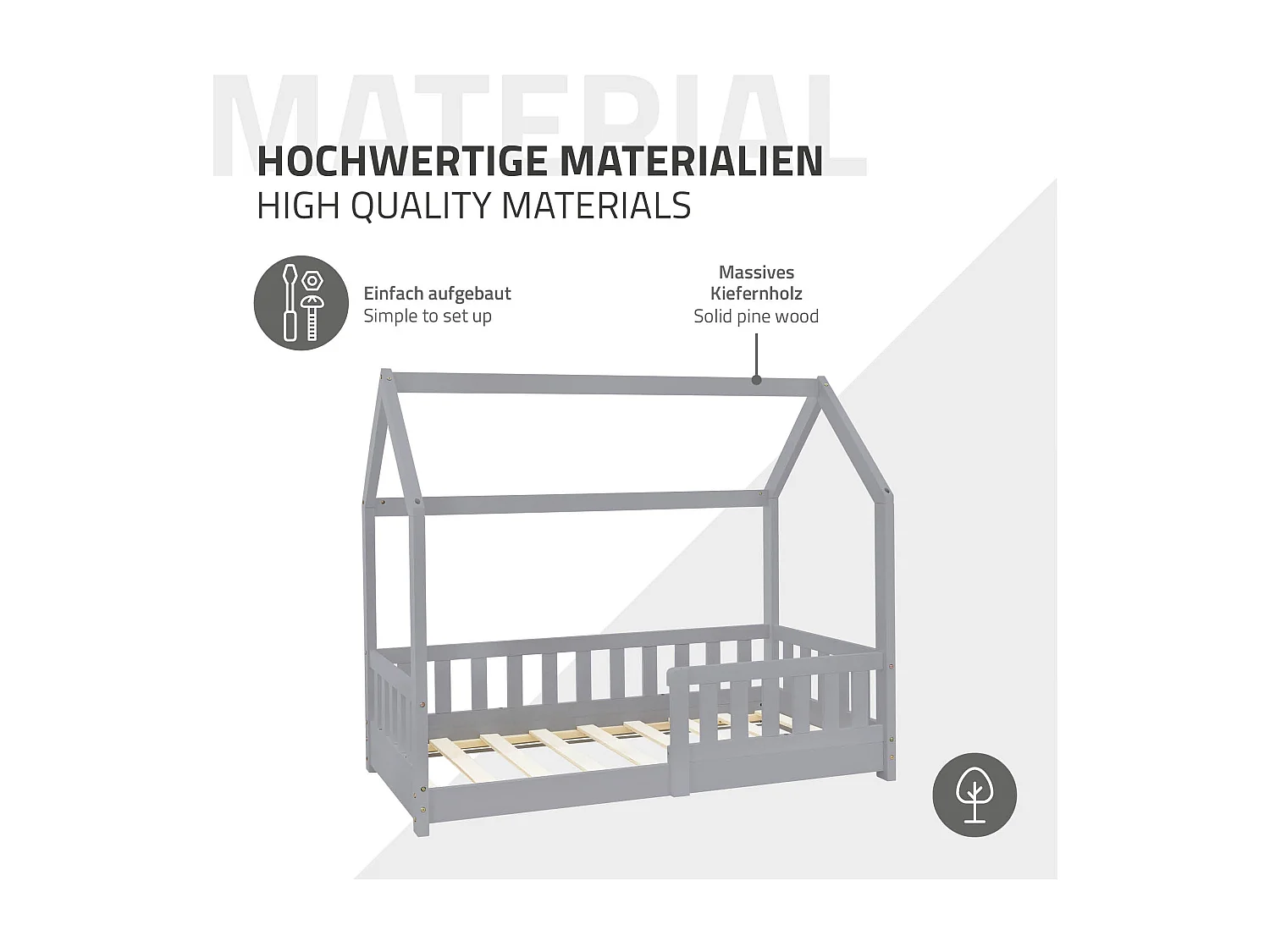 ML-Design Cama infantil 70 x 140 cm color gris con colchón de espuma fría y somier estructura de listones con techo forma de casa