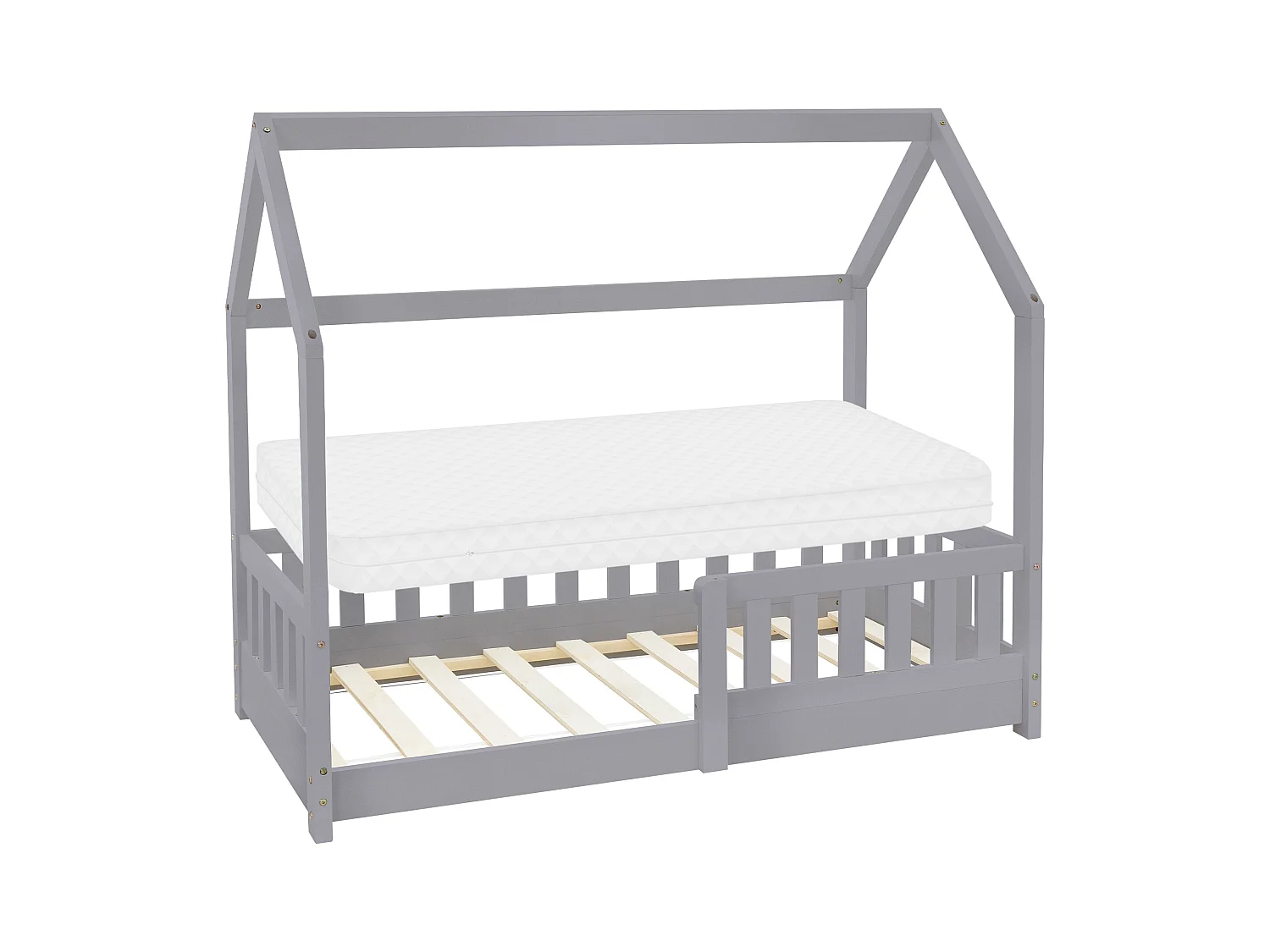 Lit d'enfants 70x140 cm gris clair forme de maison en bois de pin massif avec matelas housse amovible sommier à lattes anti-chute pour filles garçons