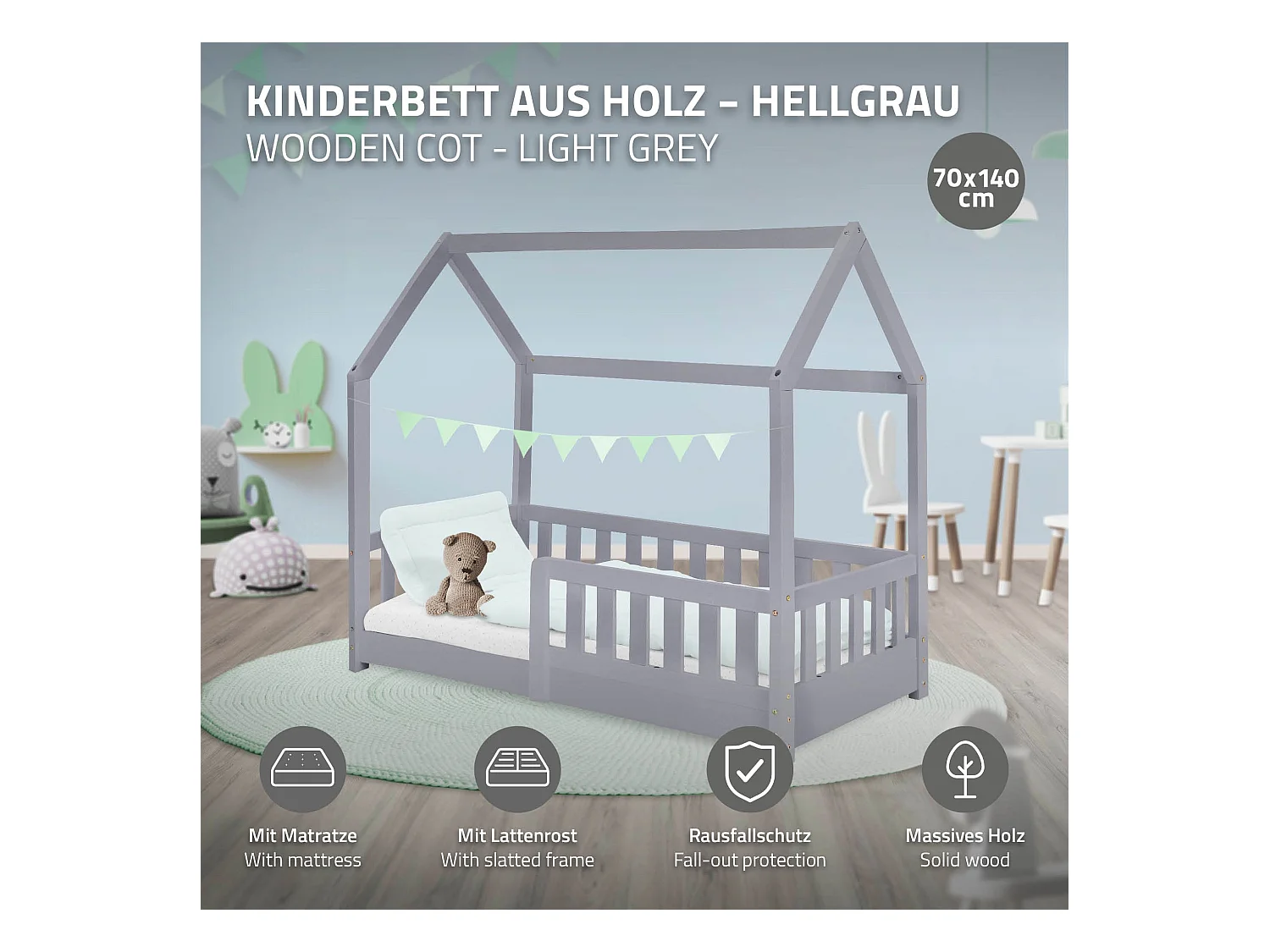 Lit d'enfants 70x140 cm gris clair forme de maison en bois de pin massif avec matelas housse amovible sommier à lattes anti-chute pour filles garçons