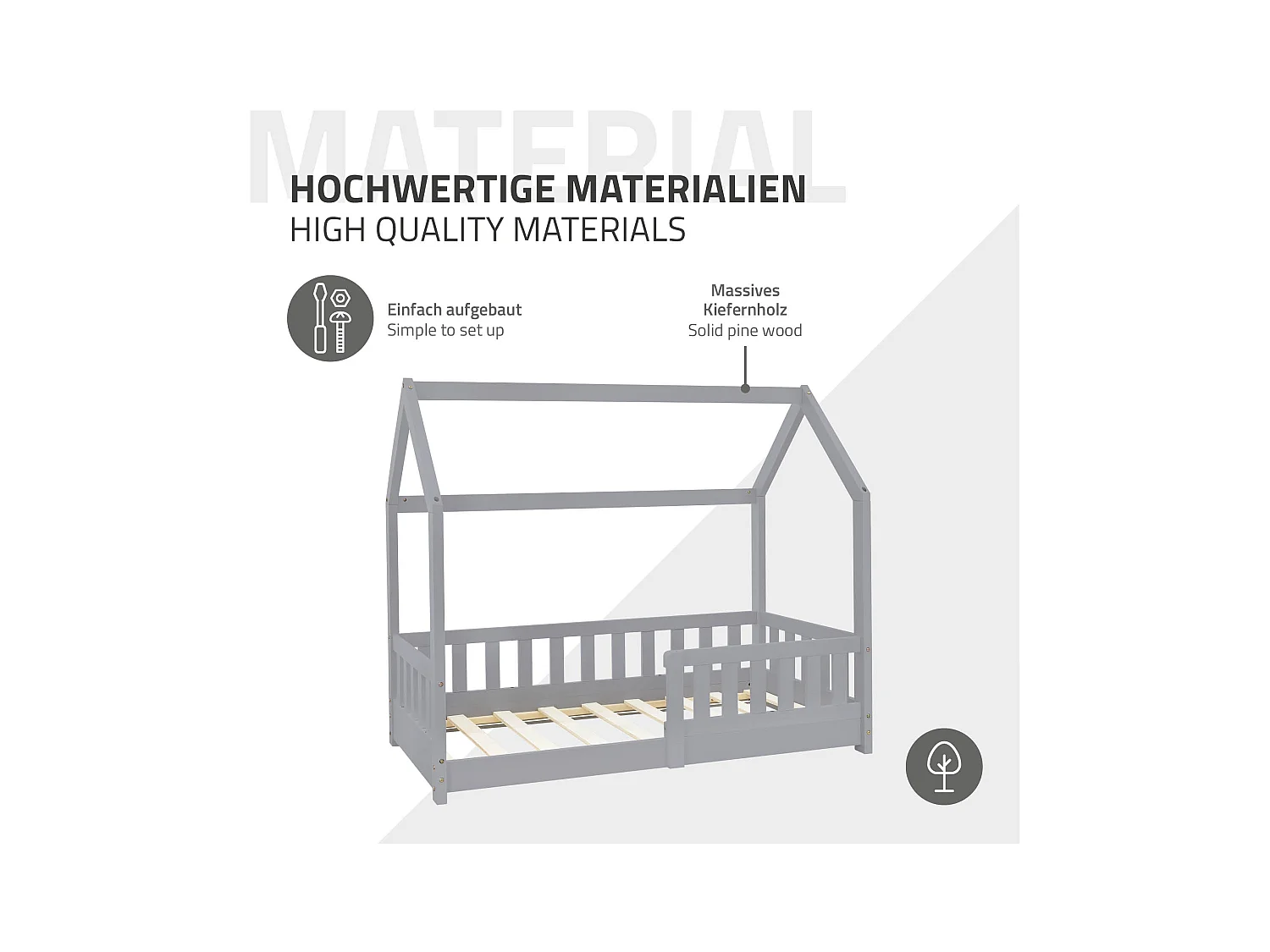 Lit d'enfants 70x140 cm gris clair forme de maison en bois de pin massif avec matelas housse amovible sommier à lattes anti-chute pour filles garçons