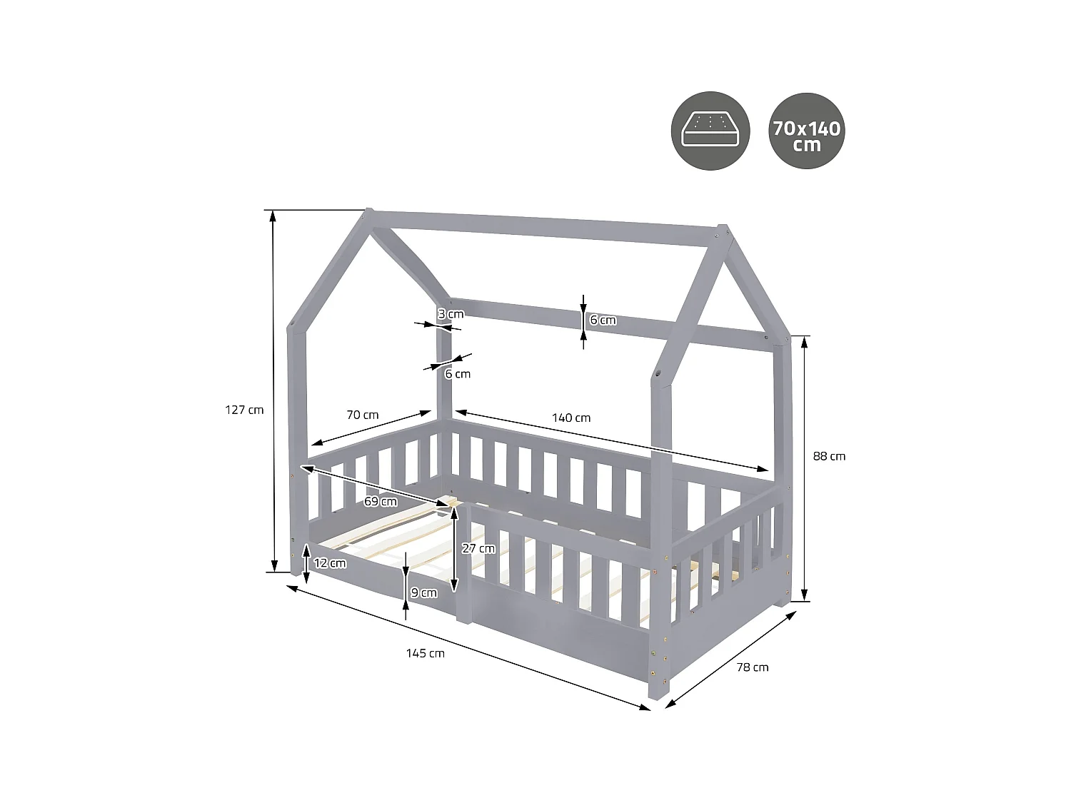 Lit d'enfants 70x140 cm gris clair forme de maison en bois de pin massif avec matelas housse amovible sommier à lattes anti-chute pour filles garçons