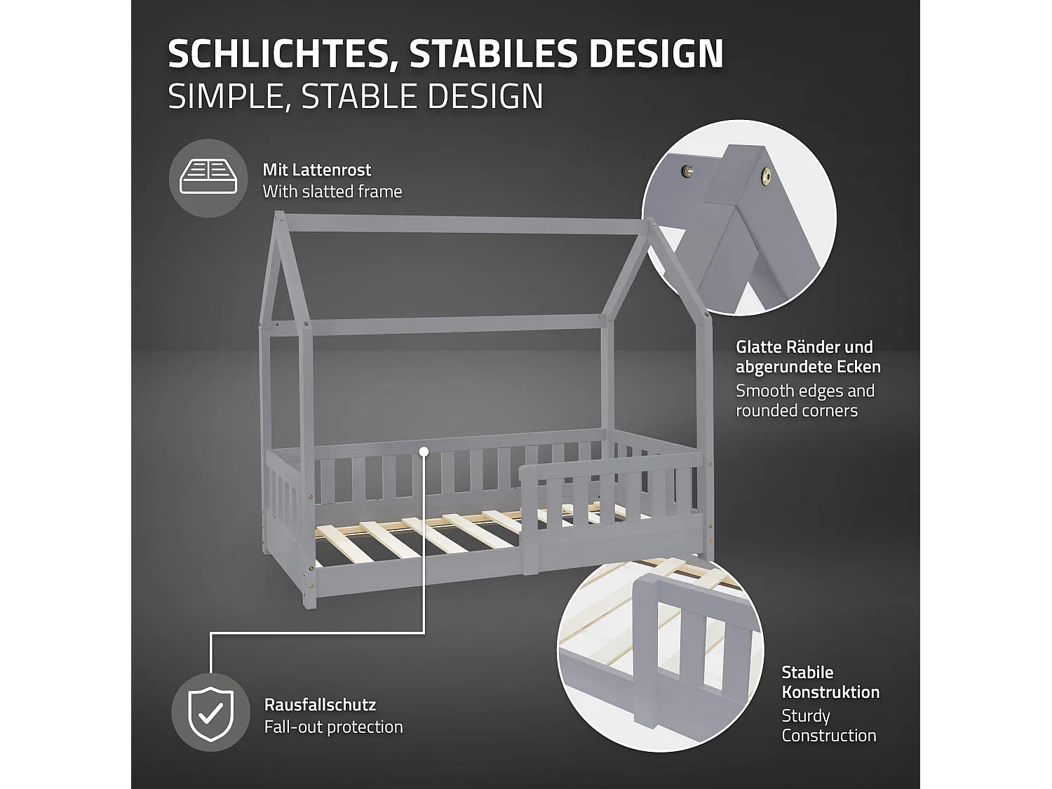 Lit d'enfants 70x140 cm gris clair forme de maison en bois de pin massif avec matelas housse amovible sommier à lattes anti-chute pour filles garçons