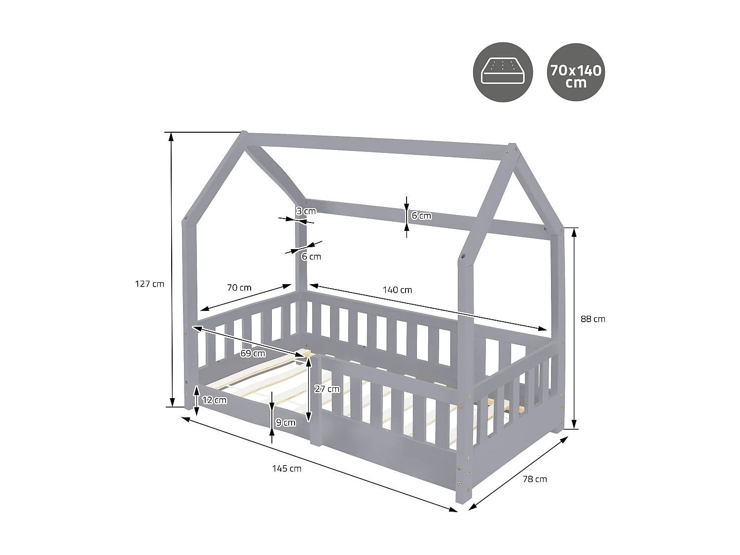Lit d'enfants 70x140 cm gris clair forme de maison en bois de pin massif avec matelas housse amovible sommier à lattes anti-chute pour filles garçons