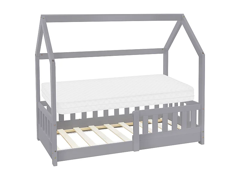 Lit d'enfants 70x140 cm gris clair forme de maison en bois de pin massif avec matelas housse amovible sommier à lattes anti-chute pour filles garçons