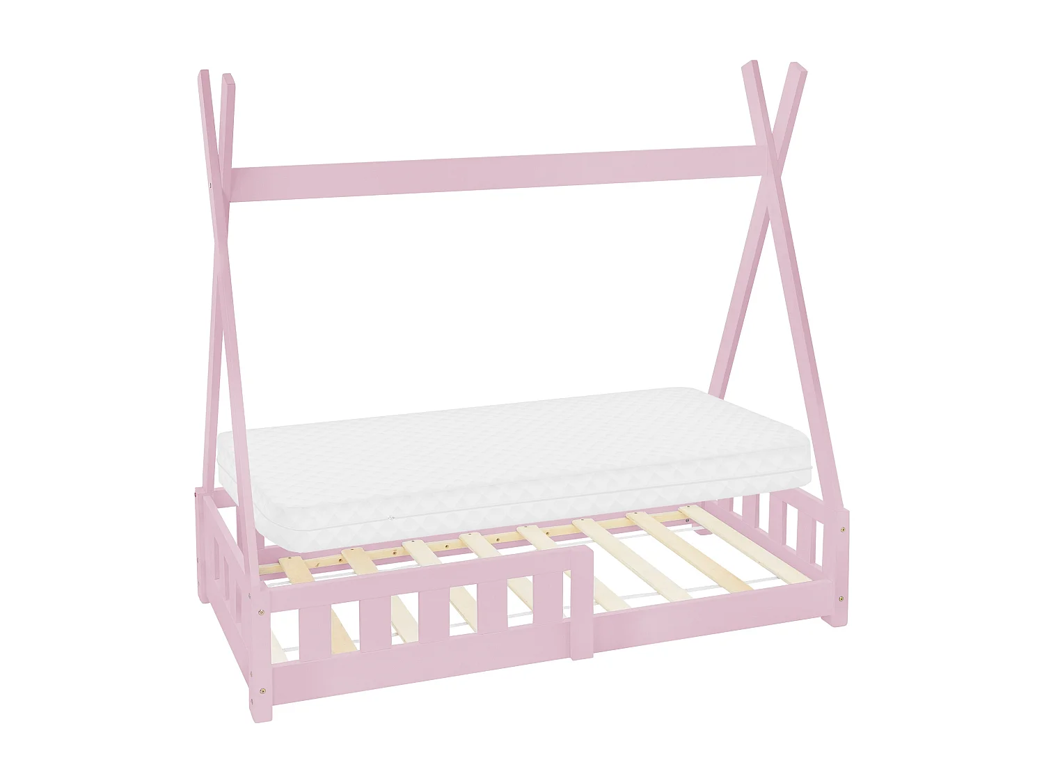 Lit d'enfants Tipi 70x140 cm rose style indien cadre bois de pin massif avec matelas hypoallergénique housse amovible respirant et sommier à lattes