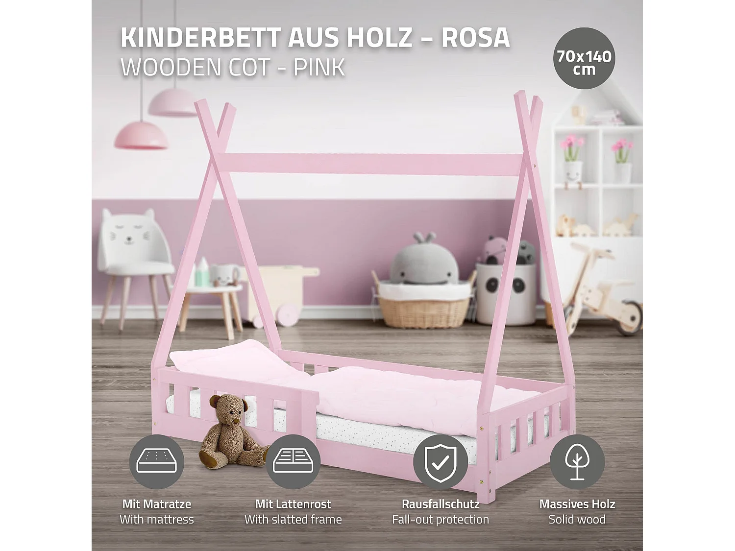 Lit d'enfants Tipi 70x140 cm rose style indien cadre bois de pin massif avec matelas hypoallergénique housse amovible respirant et sommier à lattes