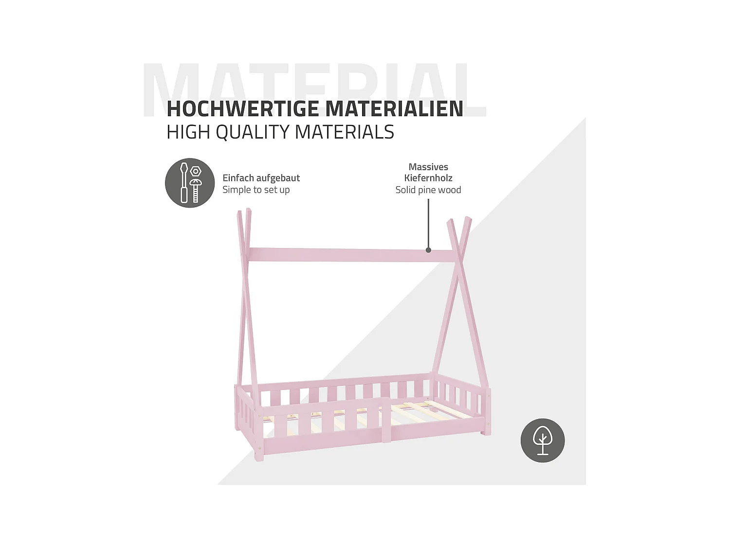 Lit d'enfants Tipi 70x140 cm rose style indien cadre bois de pin massif avec matelas hypoallergénique housse amovible respirant et sommier à lattes