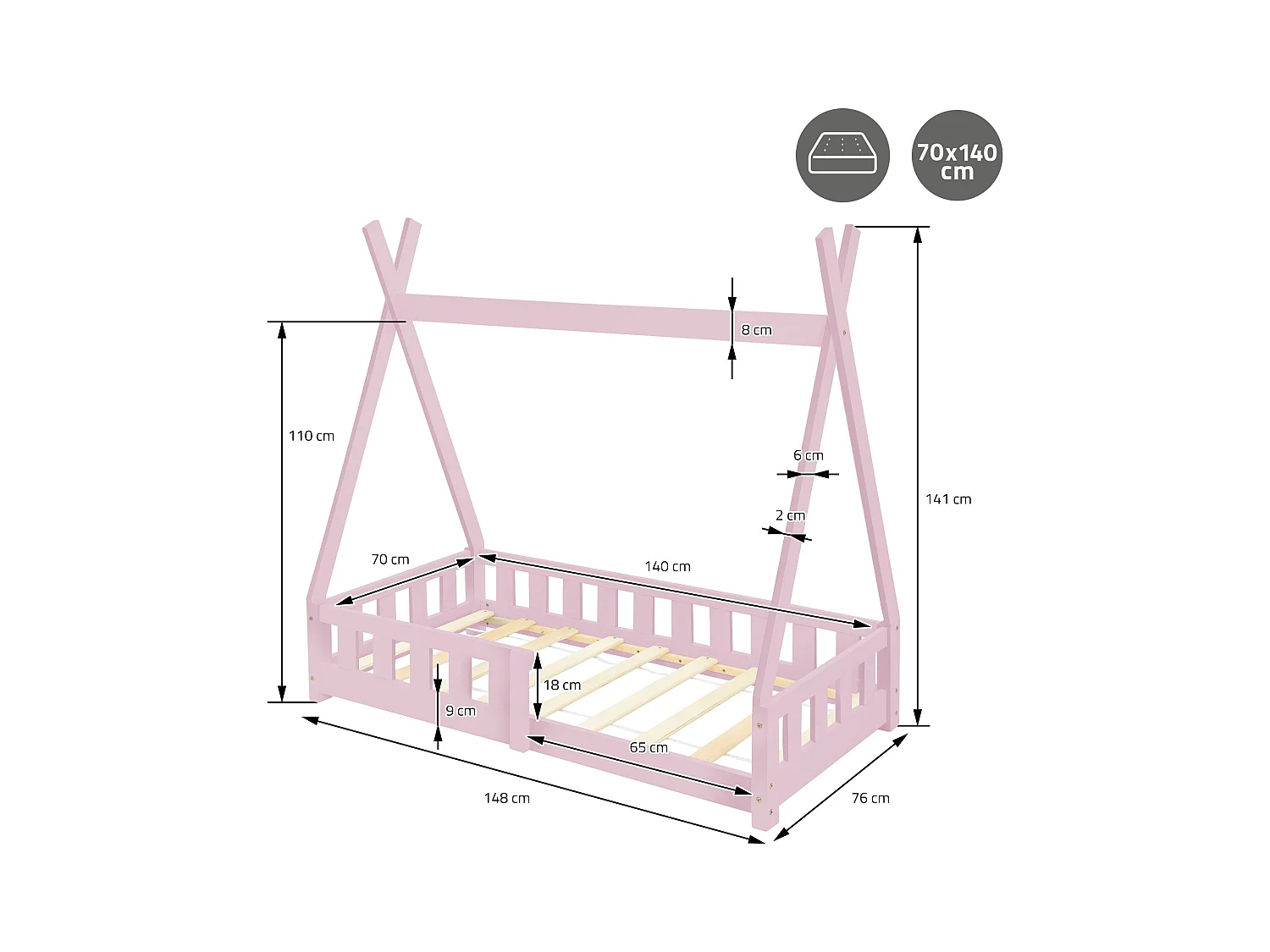 Lit d'enfants Tipi 70x140 cm rose style indien cadre bois de pin massif avec matelas hypoallergénique housse amovible respirant et sommier à lattes