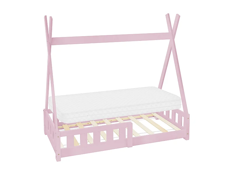 Lit d'enfants Tipi 70x140 cm rose style indien cadre bois de pin massif avec matelas hypoallergénique housse amovible respirant et sommier à lattes