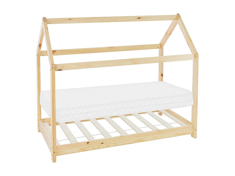 Lit d'enfants 80x160 cm naturel forme de maison en bois de pin massif avec matelas housse amovible sommier à lattes cadre de lit pour filles garçons
